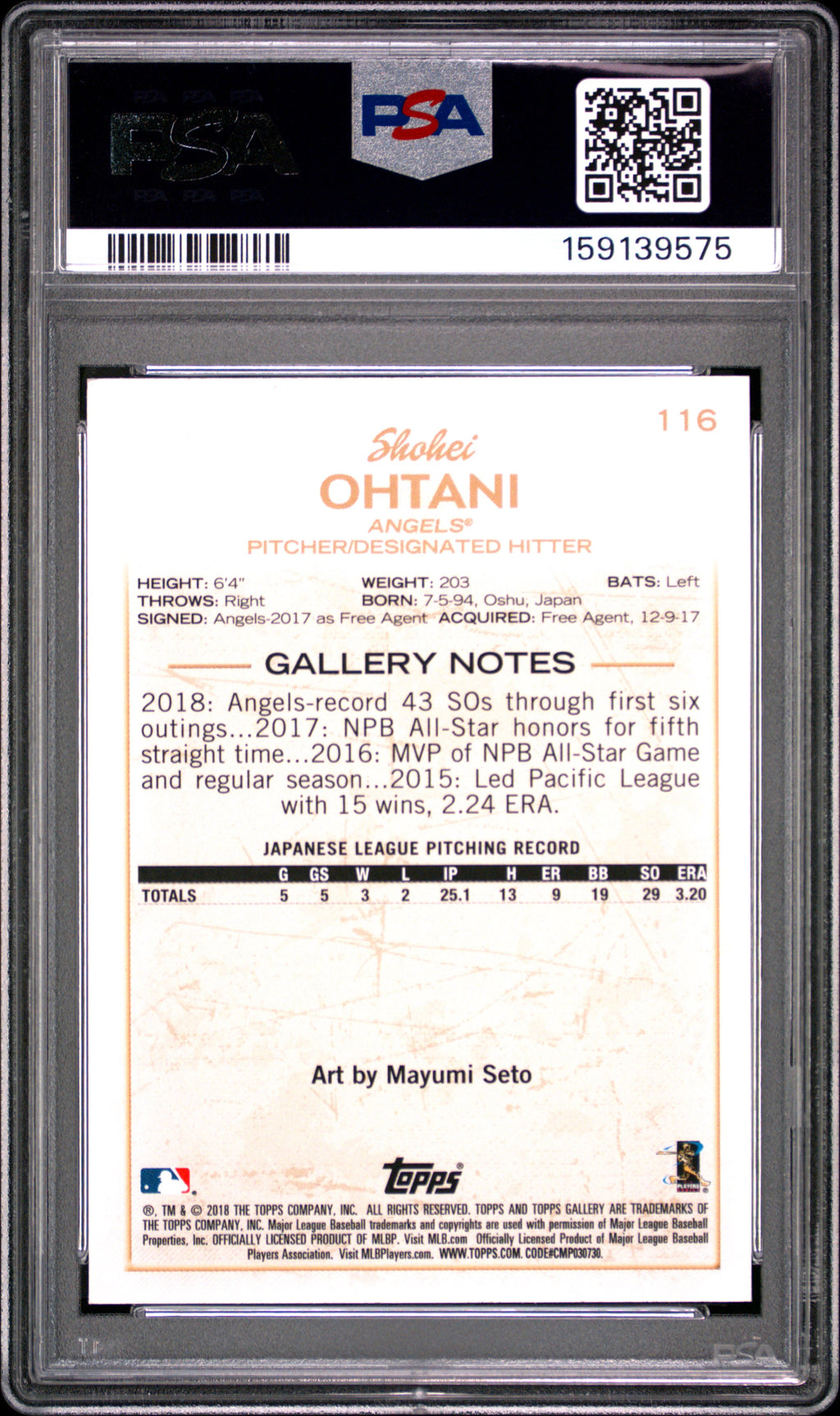 Shohei Ohtani 2018 Topps Gallery Rookie RC Los Angeles Angels #116 PSA 10