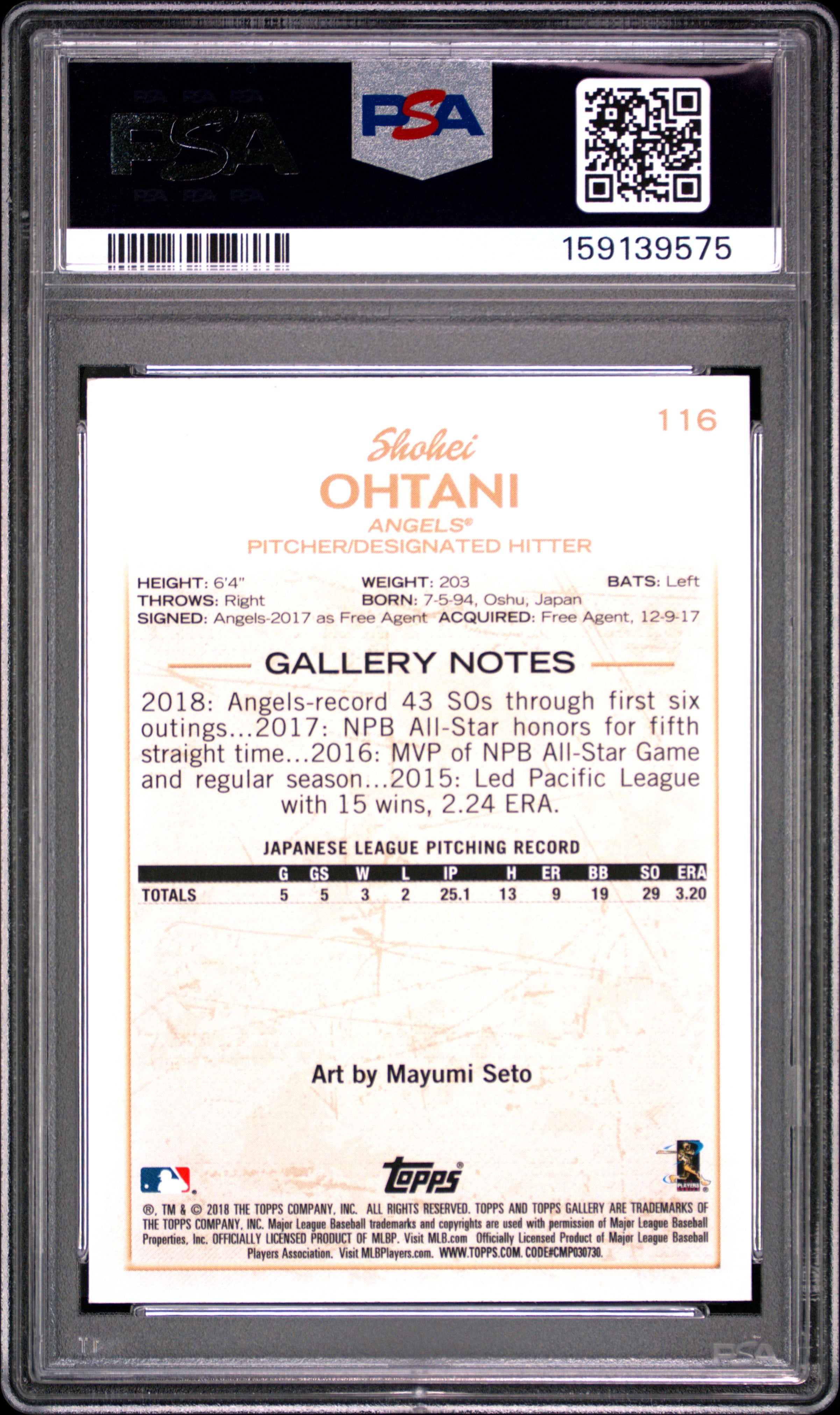 Shohei Ohtani 2018 Topps Gallery Rookie RC Los Angeles Angels #116 PSA 10