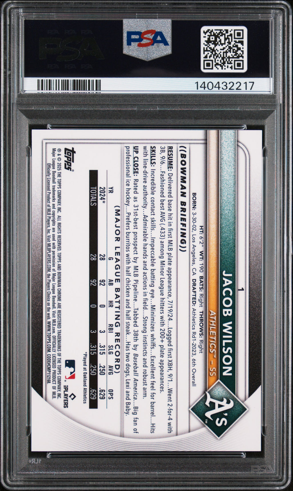 Jacob Wilson 2025 Bowman Chrome Rookie Color Run Variation RC A's 3/25 PSA 10