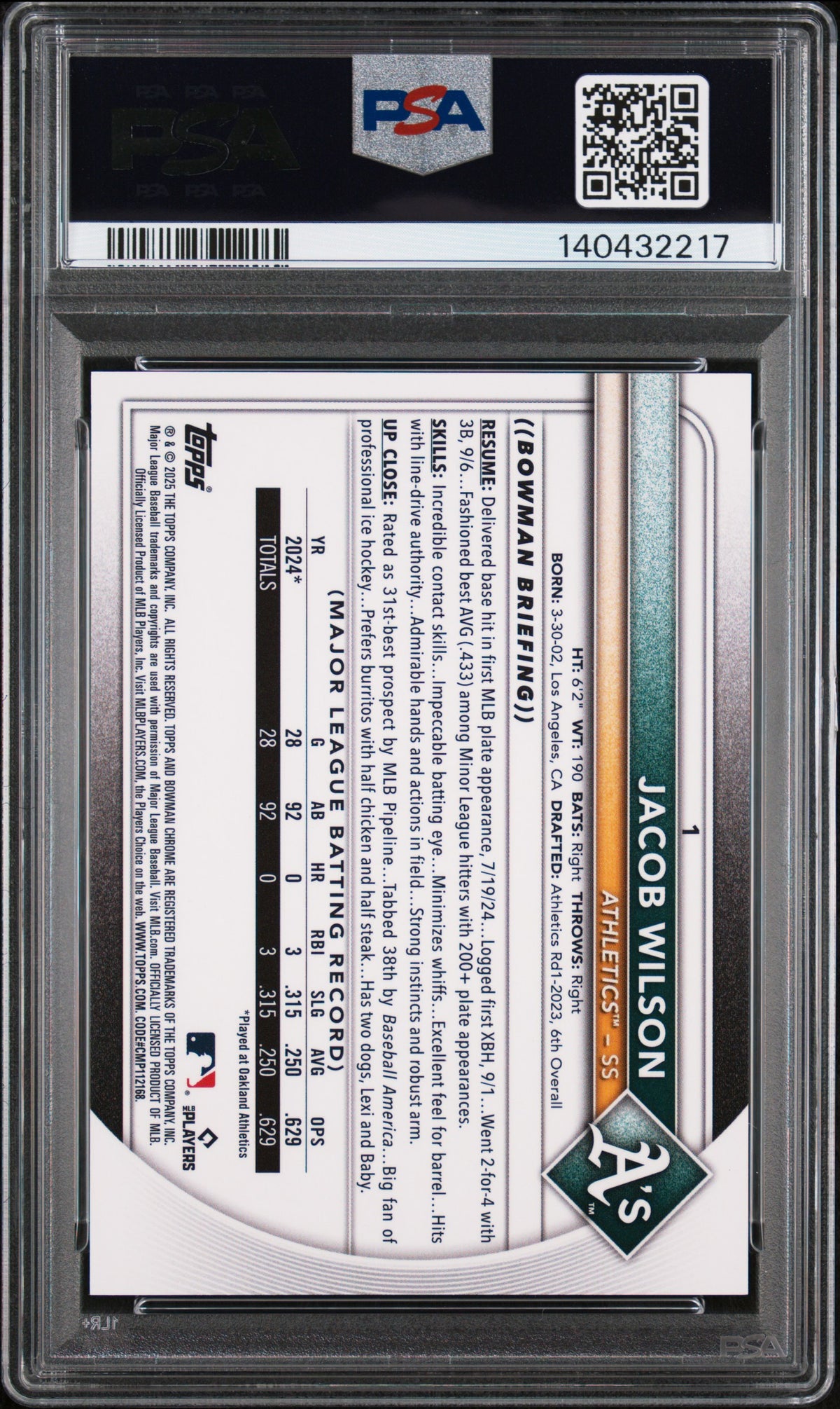 Jacob Wilson 2025 Bowman Chrome Rookie Color Run Variation RC A's 3/25 PSA 10
