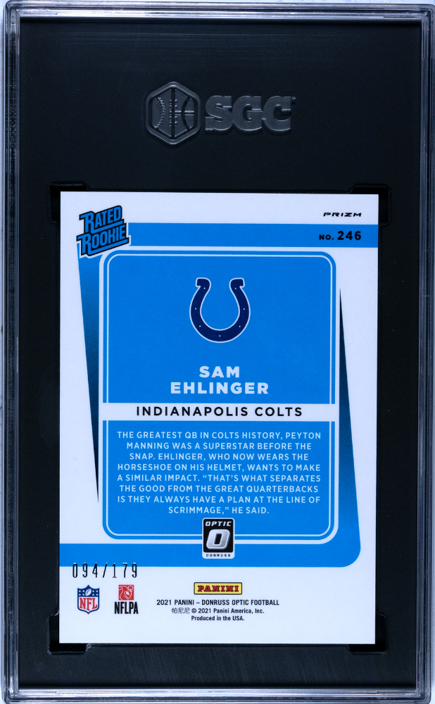 Sam Ehlinger 2021 Optic Rated Rookie Blue Prizm RC Colts Longhorns 94/179 SGC 9