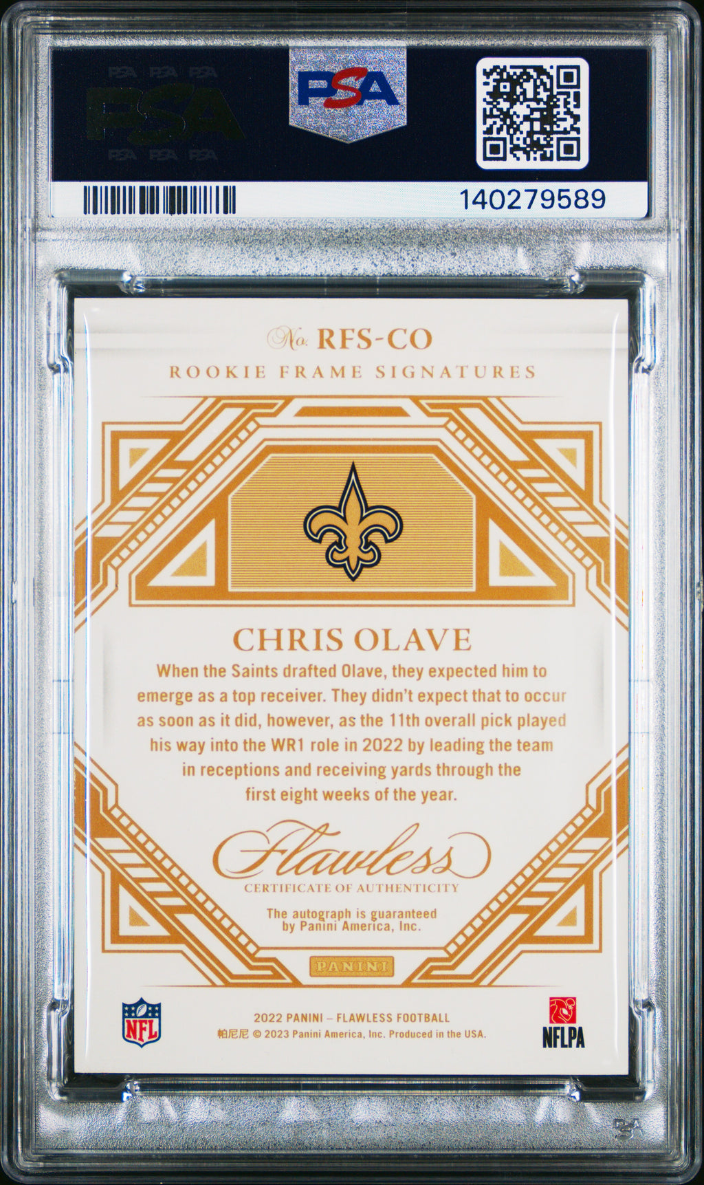 Chris Olave 2022 Flawless Auto Autograph RC New Orleans Saints 4/20 PSA 8