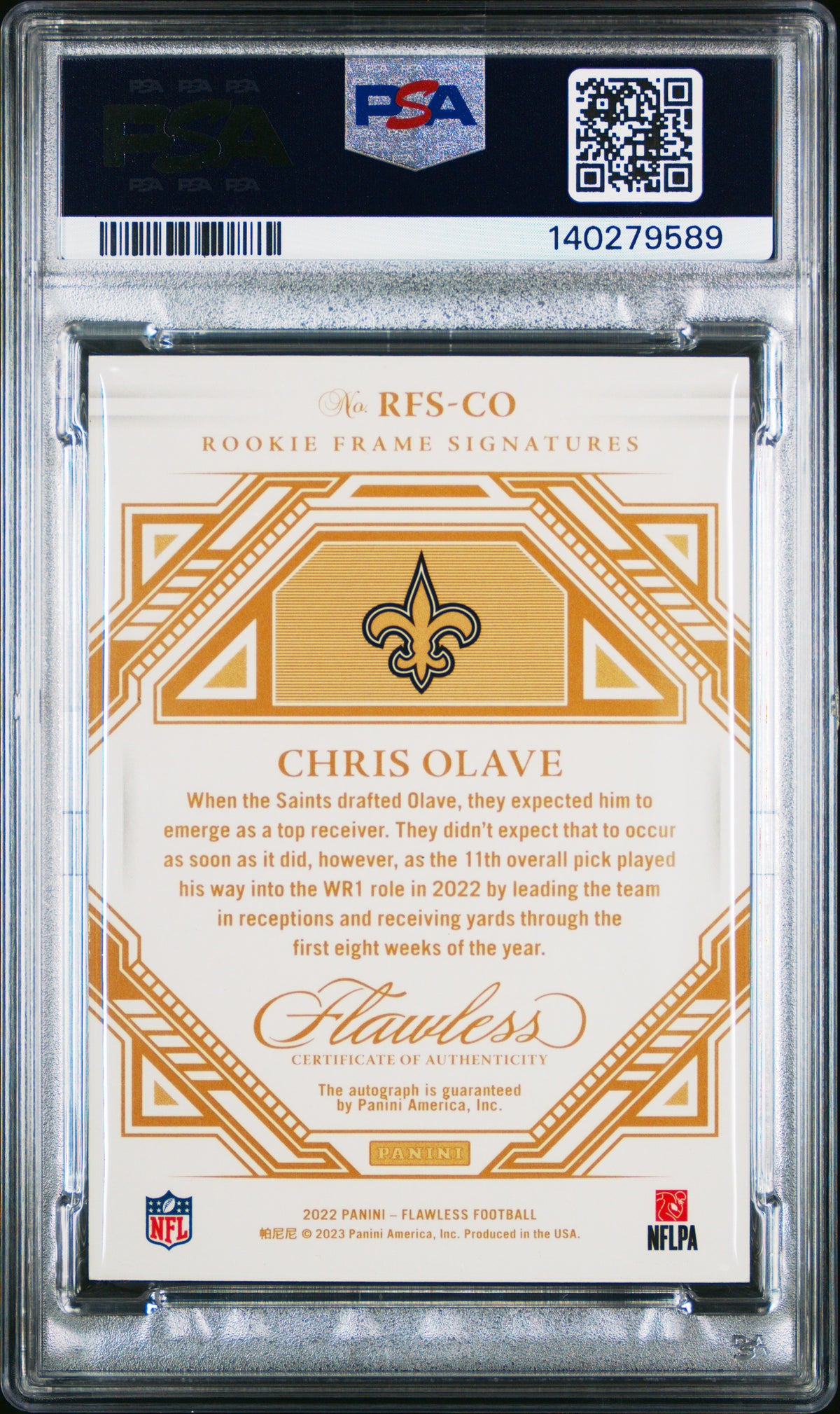 Chris Olave 2022 Flawless Auto Autograph RC New Orleans Saints 4/20 PSA 8