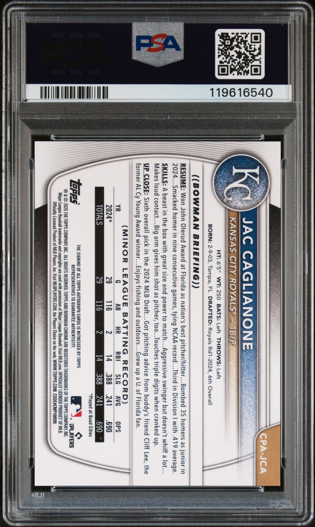 Jac Caglianone 2025 Bowman Chrome Auto Autograph RC Kansas City Royals PSA 10
