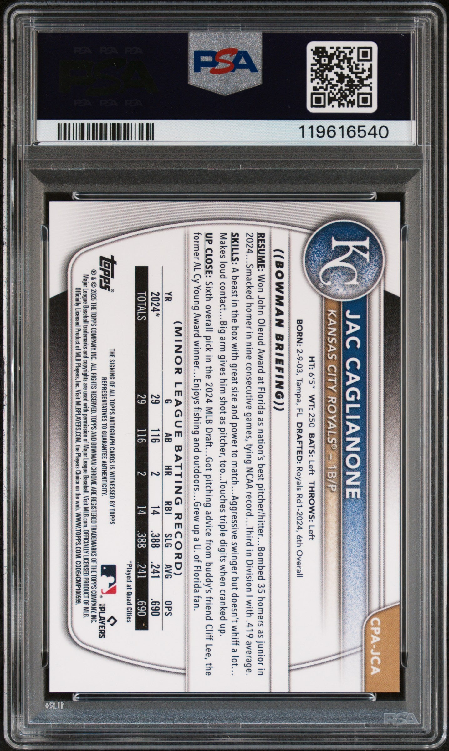 Jac Caglianone 2025 Bowman Chrome Auto Autograph RC Kansas City Royals PSA 10