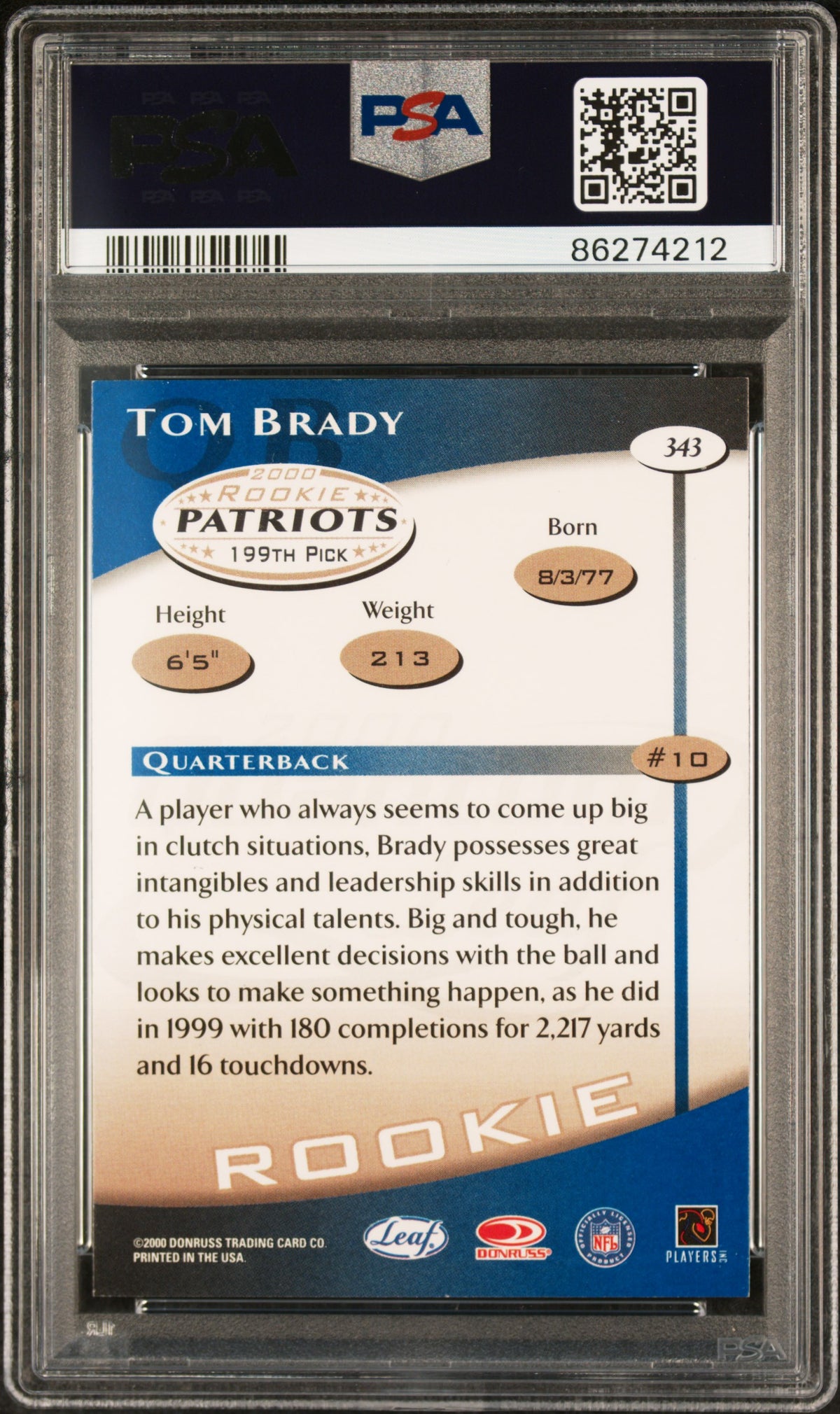Tom Brady 2000 Quantum Leaf Rookie RC Michigan New England Patriots #343 PSA 5