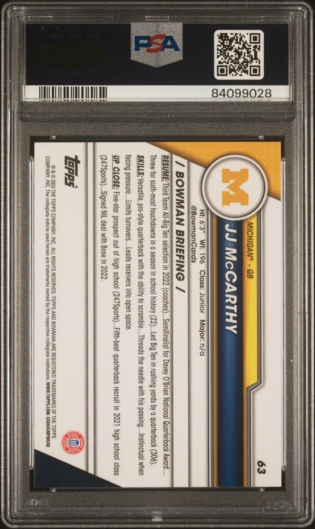 JJ Mccarthy 2023 Bowman Chrome Image Variation RC SSP Michigan Wolverines PSA 9