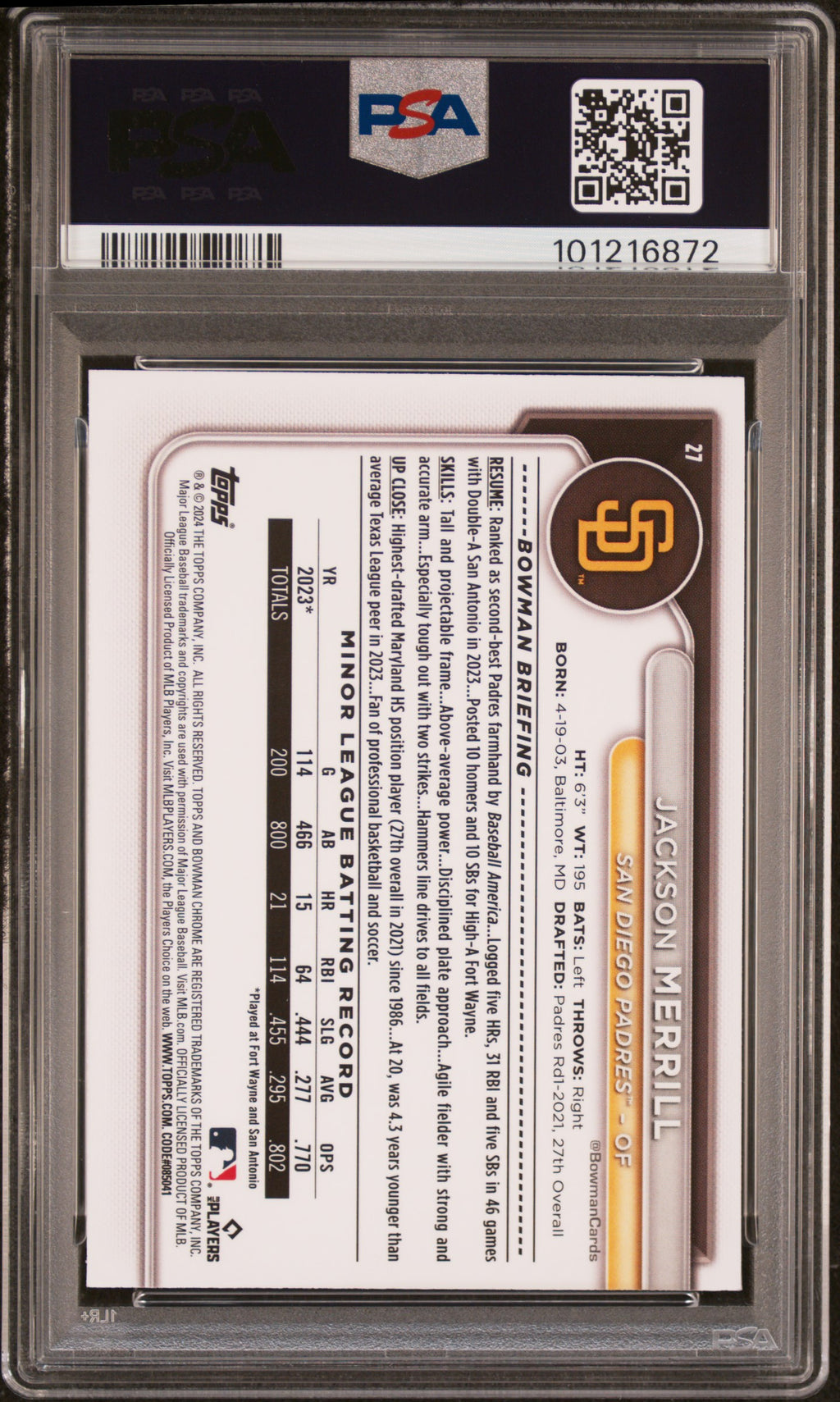 Jackson Merrill 2024 Bowman Chrome Green Refractor 17/99 PSA 9