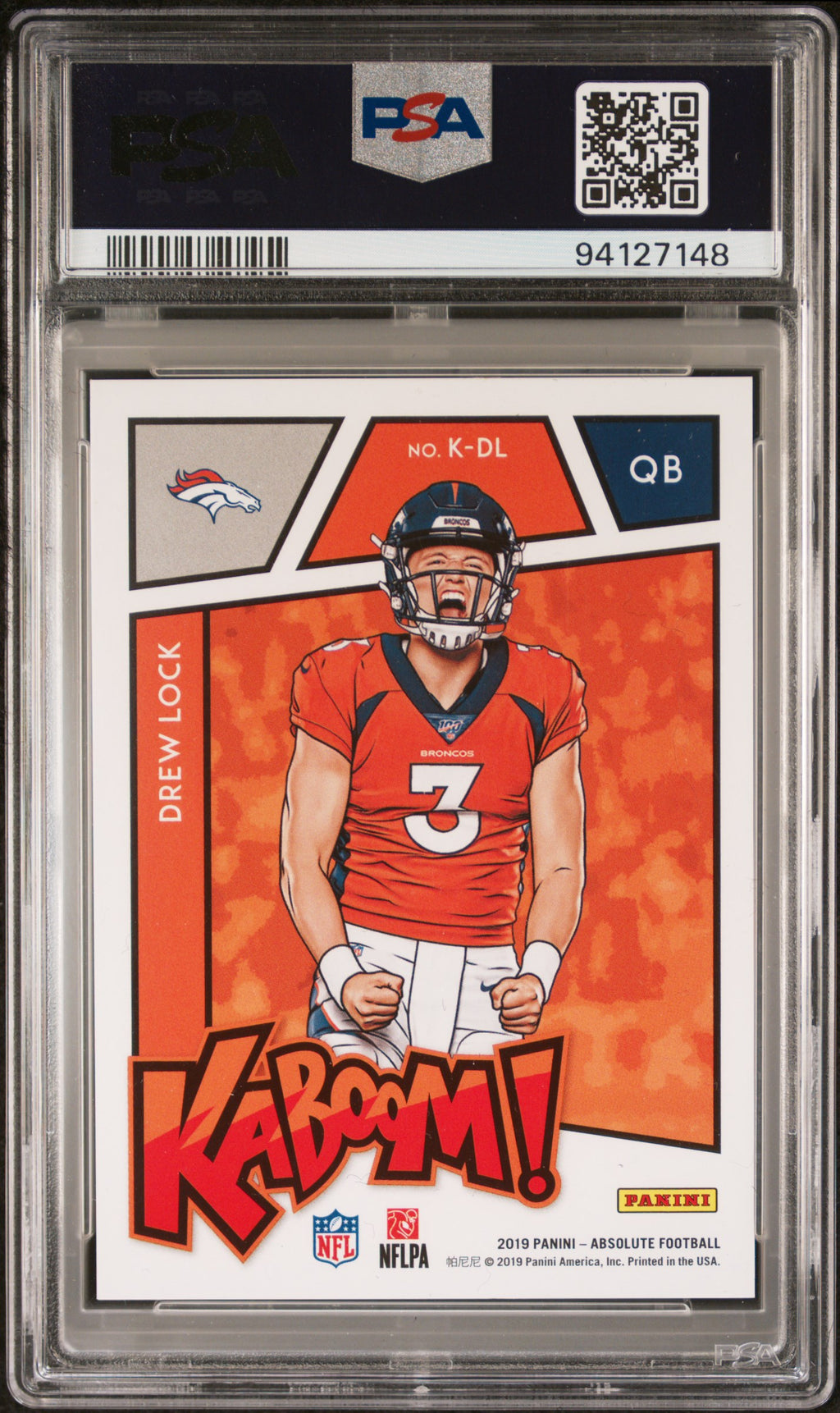 Drew Lock 2019 Absolute KABOOM SSP CASE HIT SSP RC Denver Broncos PSA 9