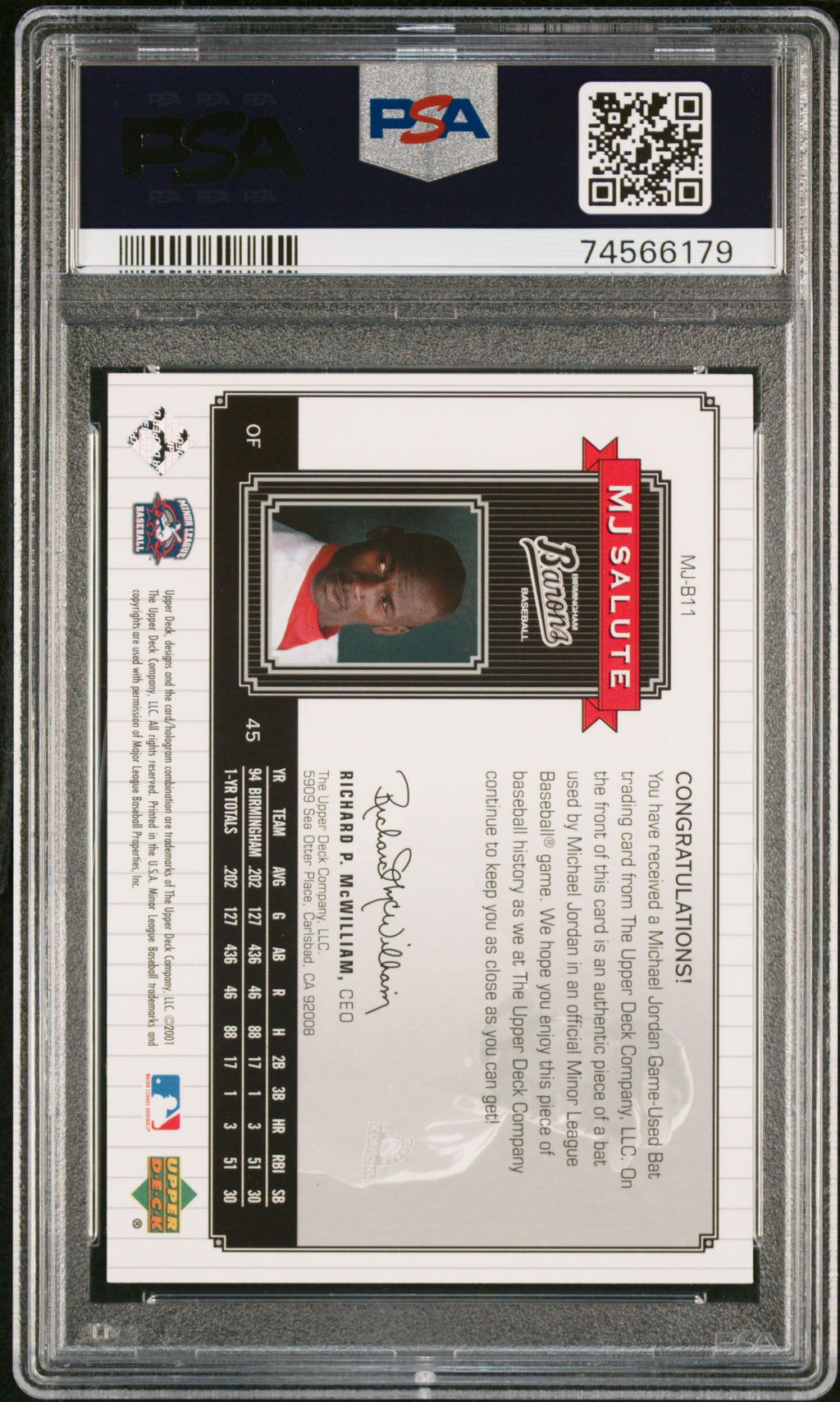 Michael Jordan 2001 Upper Deck Minor League Centennial MJ Salute-Bat PSA 8