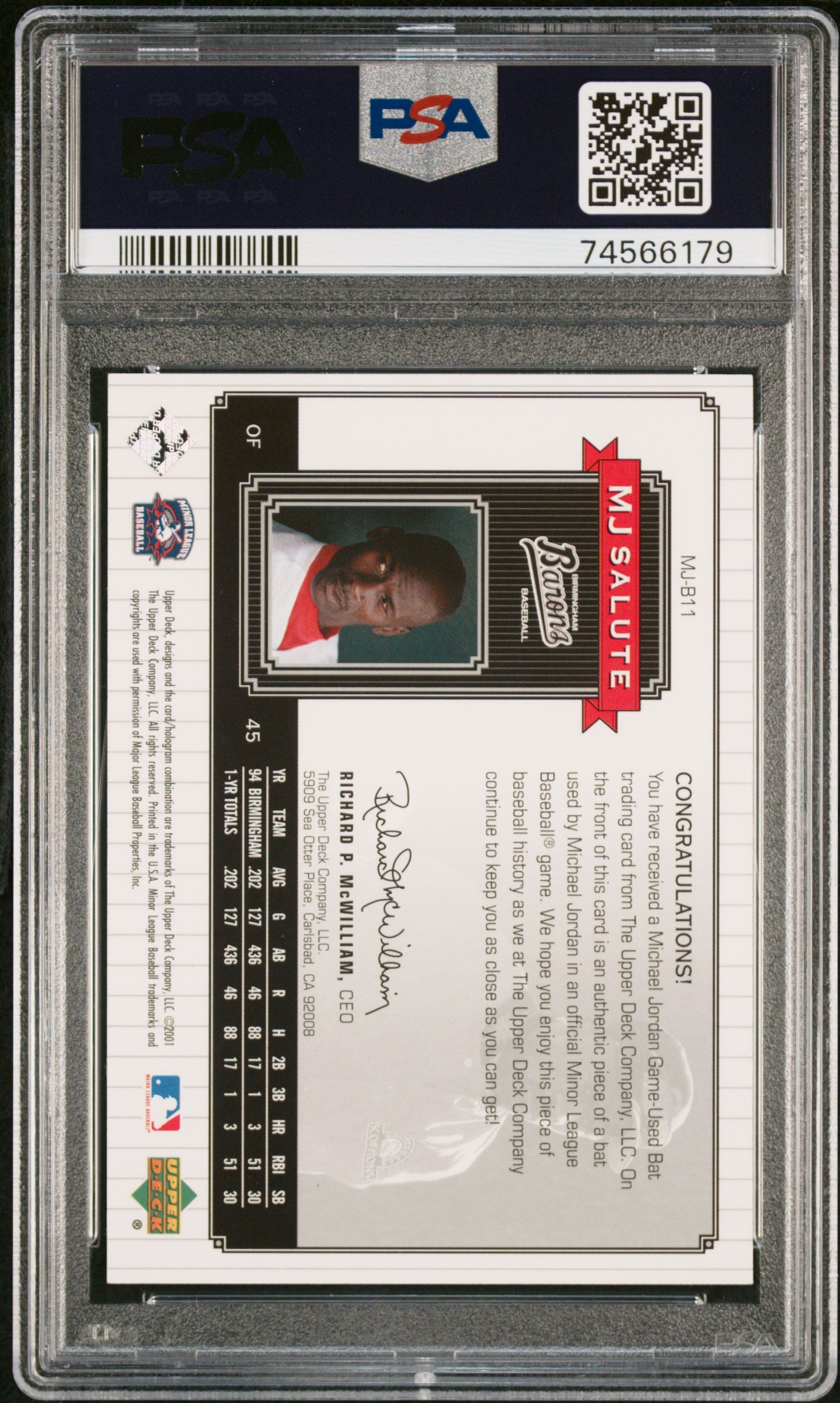 Michael Jordan 2001 Upper Deck Minor League Centennial MJ Salute-Bat PSA 8