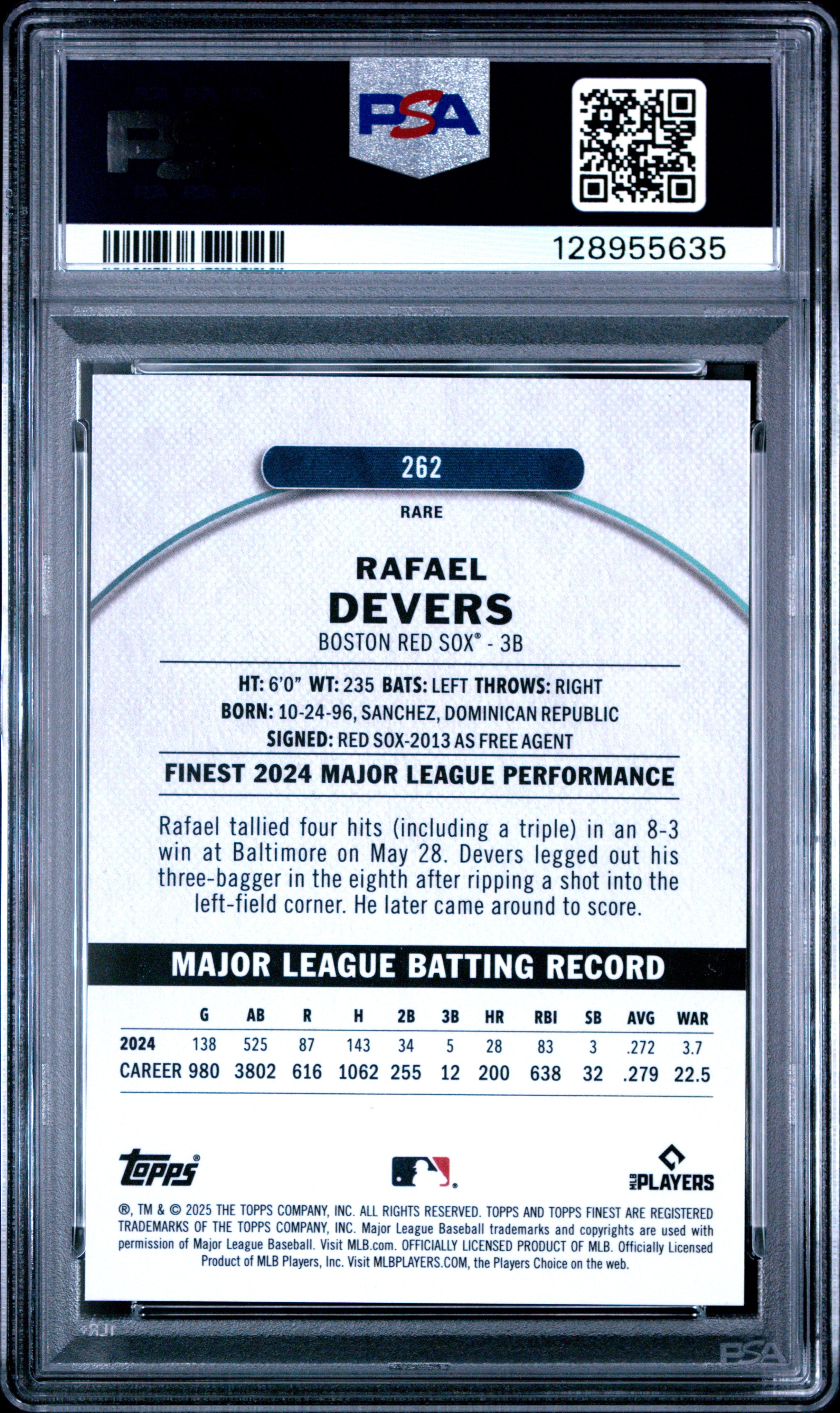 Rafael Devers 2025 Topps Finest Rare GOLD Refractor Boston Red Sox 5/20 PSA 10