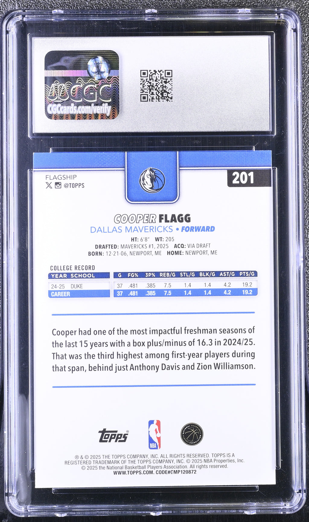 Cooper Flagg 2025-26 Topps Rookie Card RC Dallas Mavericks #201 CGC 10