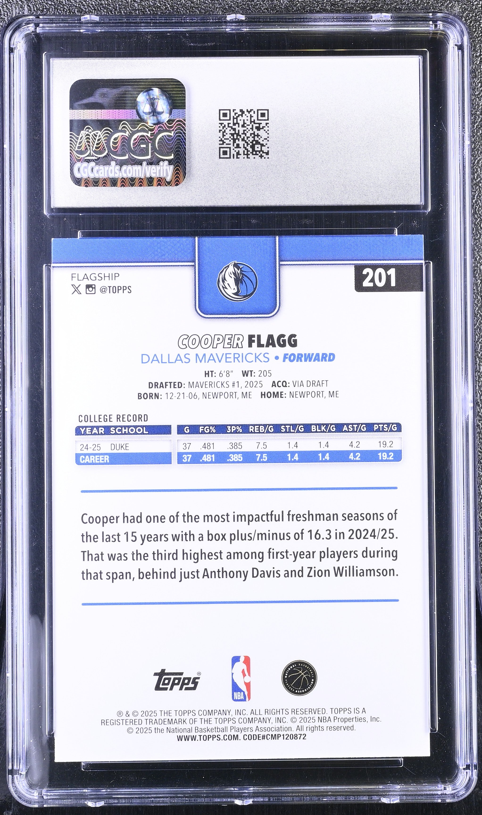 Cooper Flagg 2025-26 Topps Rookie Card RC Dallas Mavericks #201 CGC 10