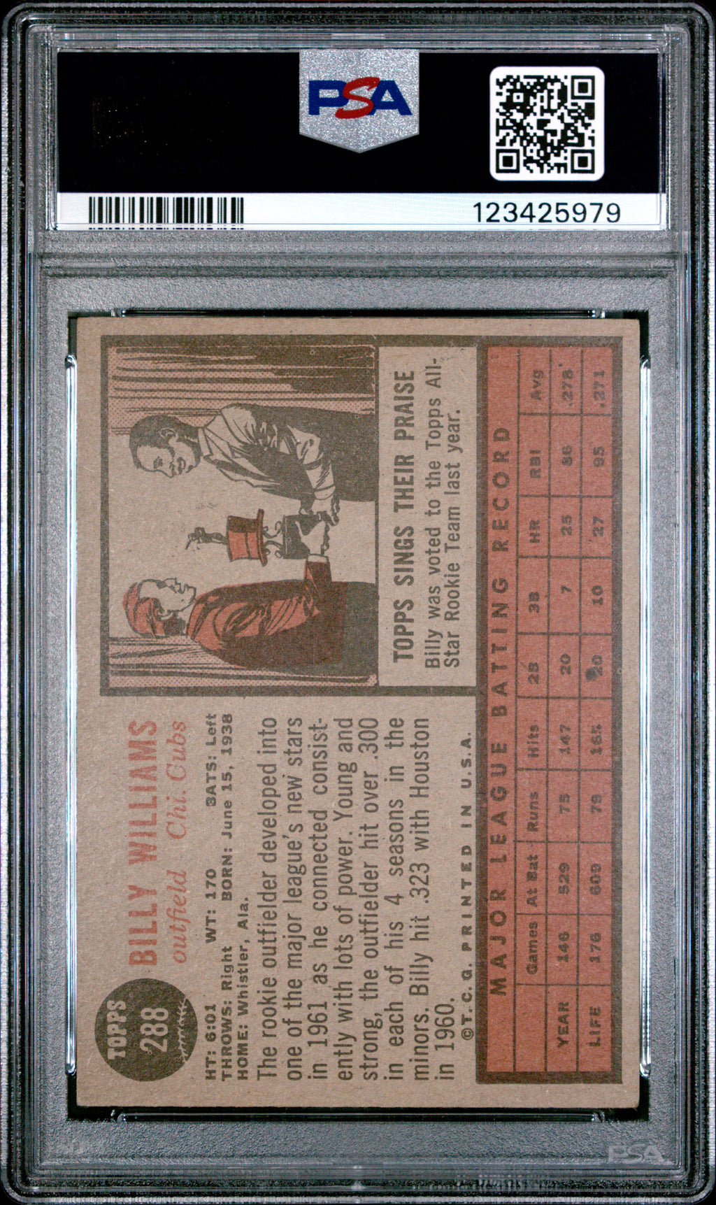 Billy Williams 1962 Topps Card Chicago Cubs #288 PSA 4