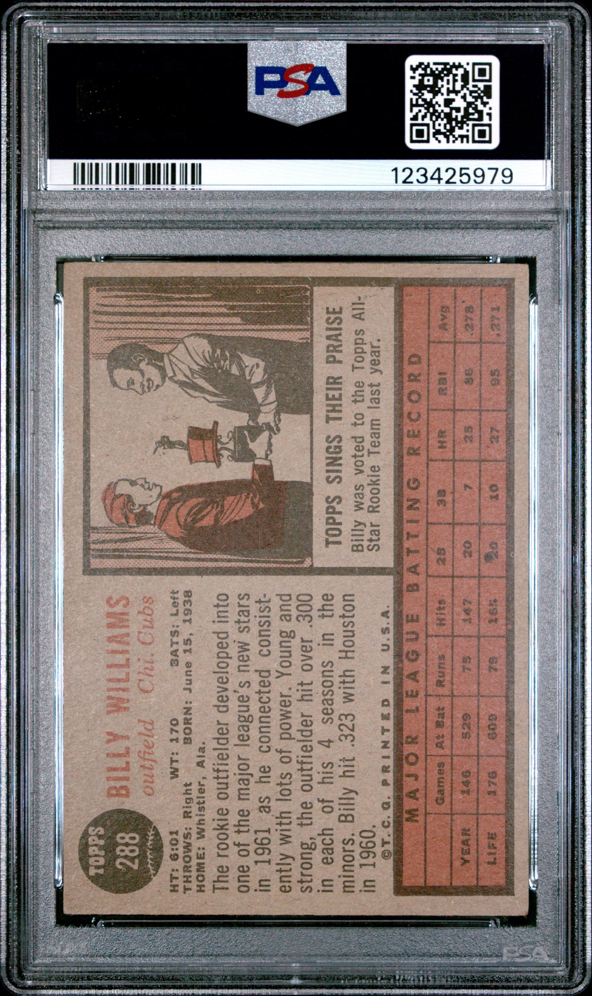 Billy Williams 1962 Topps Card Chicago Cubs #288 PSA 4