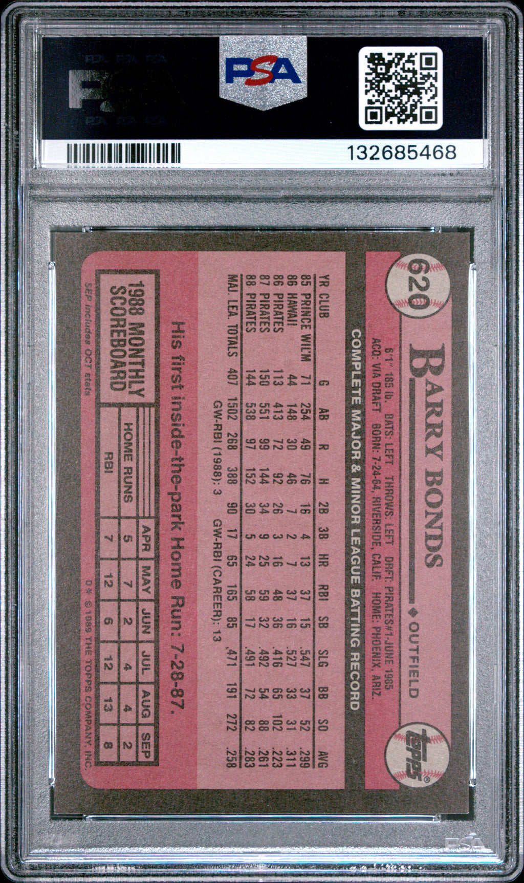 Barry Bonds 1989 Topps Card Pittsburgh Pirates #620 PSA 10