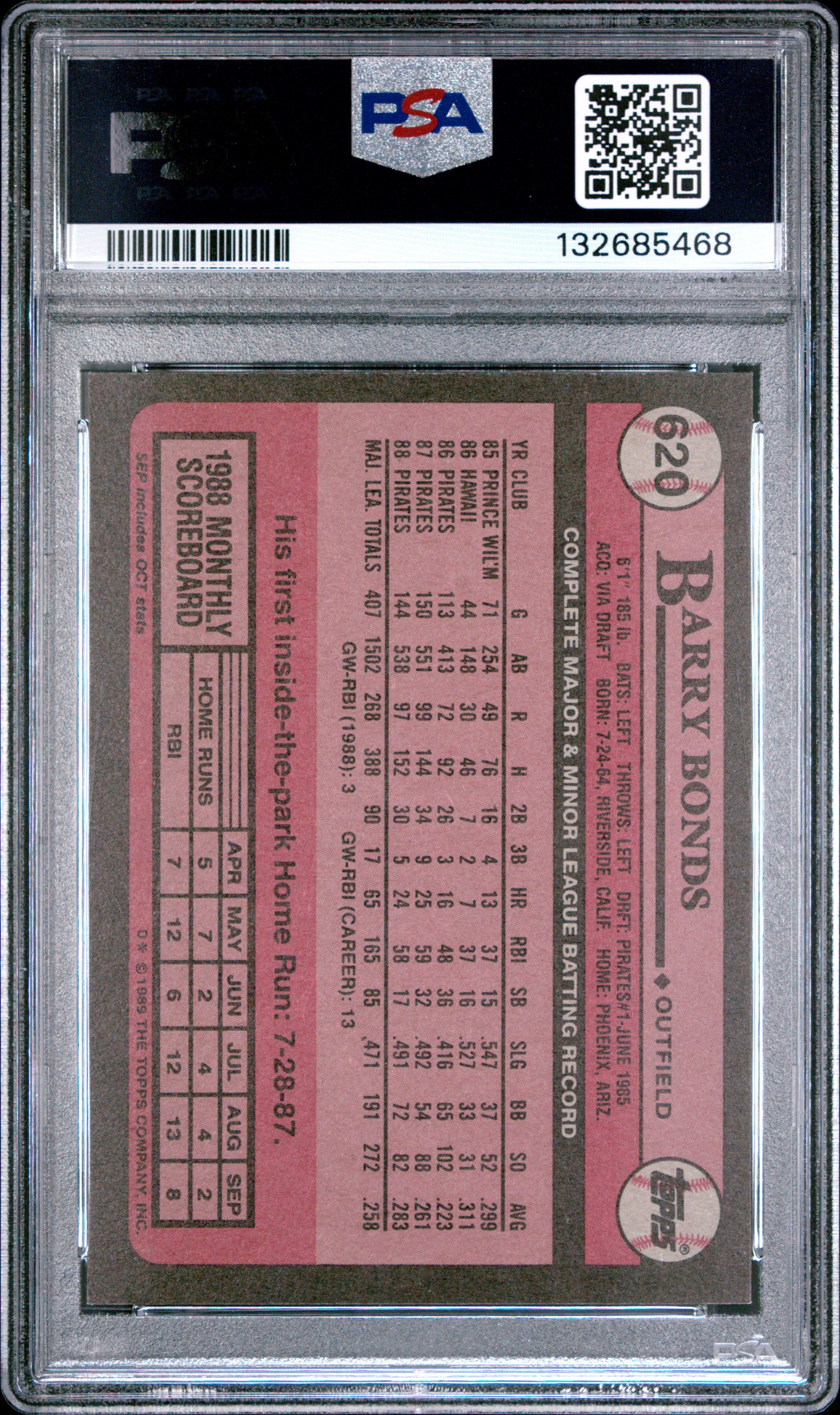 Barry Bonds 1989 Topps Card Pittsburgh Pirates #620 PSA 10
