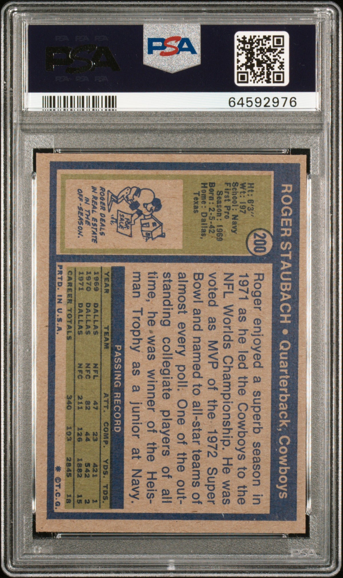 Roger Staubach 1972 Topps Rookie Card RC Dallas Cowboys #200 PSA 8