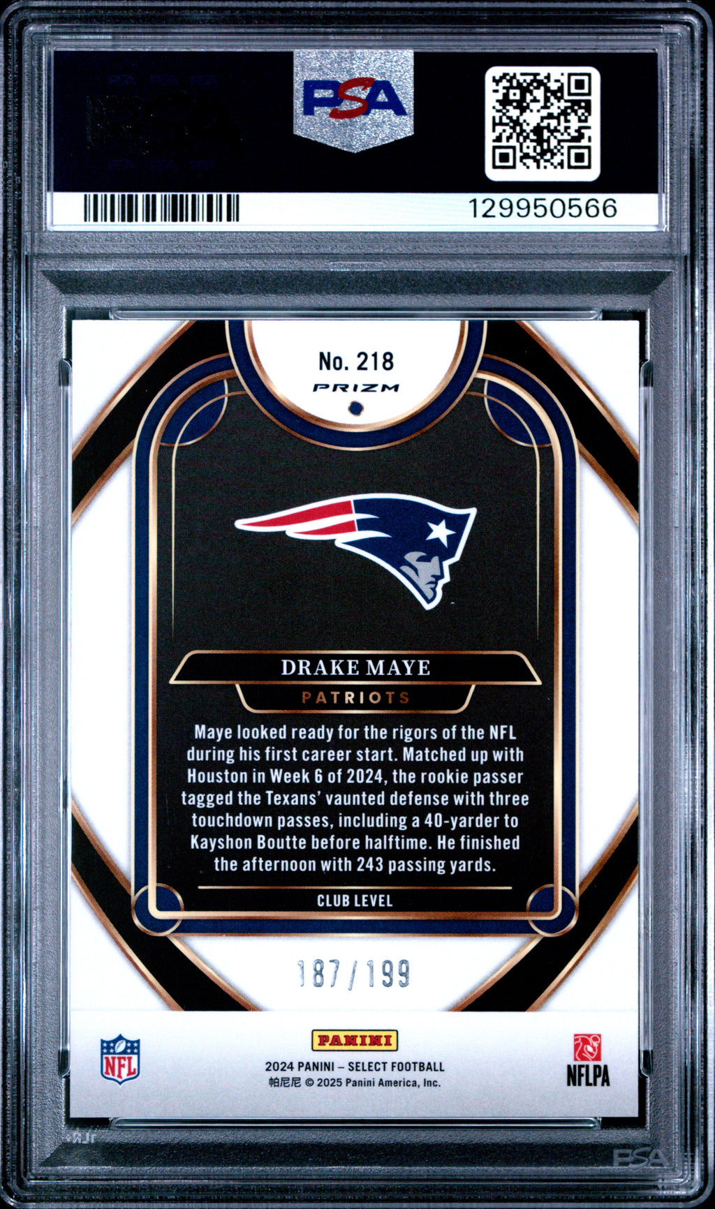 Drake Maye 2024 Select Club White Shock RC New England Patriots 187/199 PSA 10