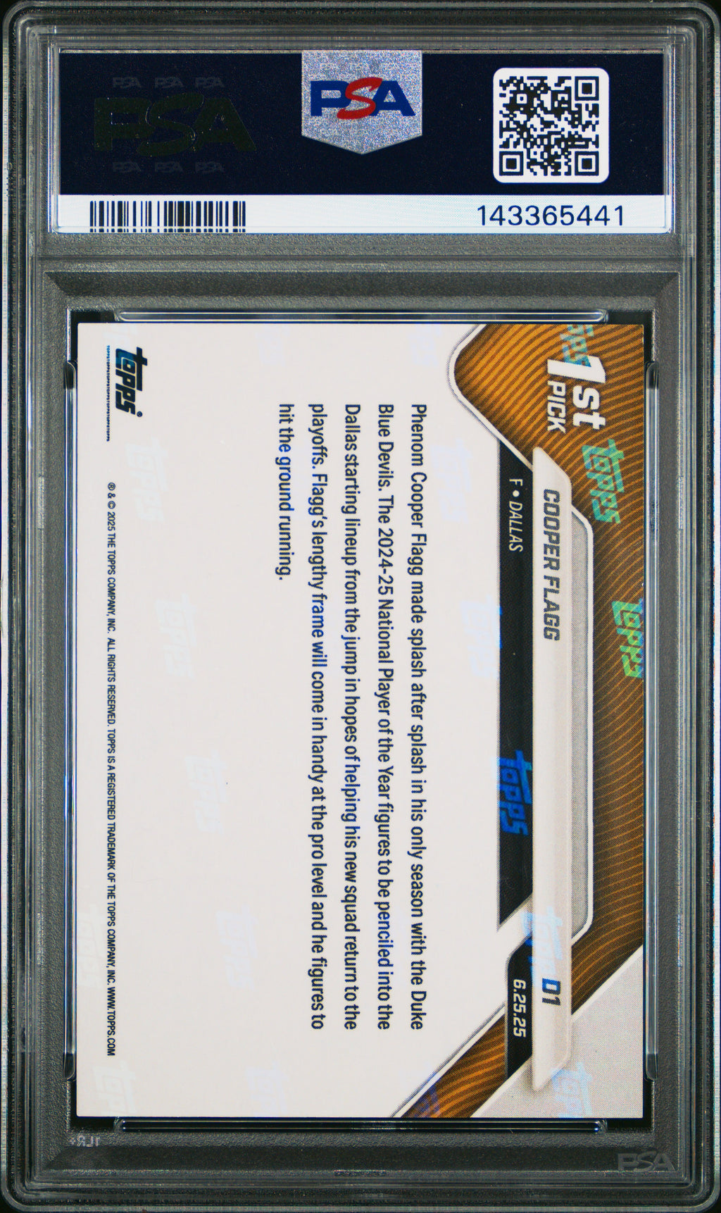 Cooper Flagg 2025 Topps Now Draft BLUE Foil Rookie RC Mavericks 51/75 PSA 9