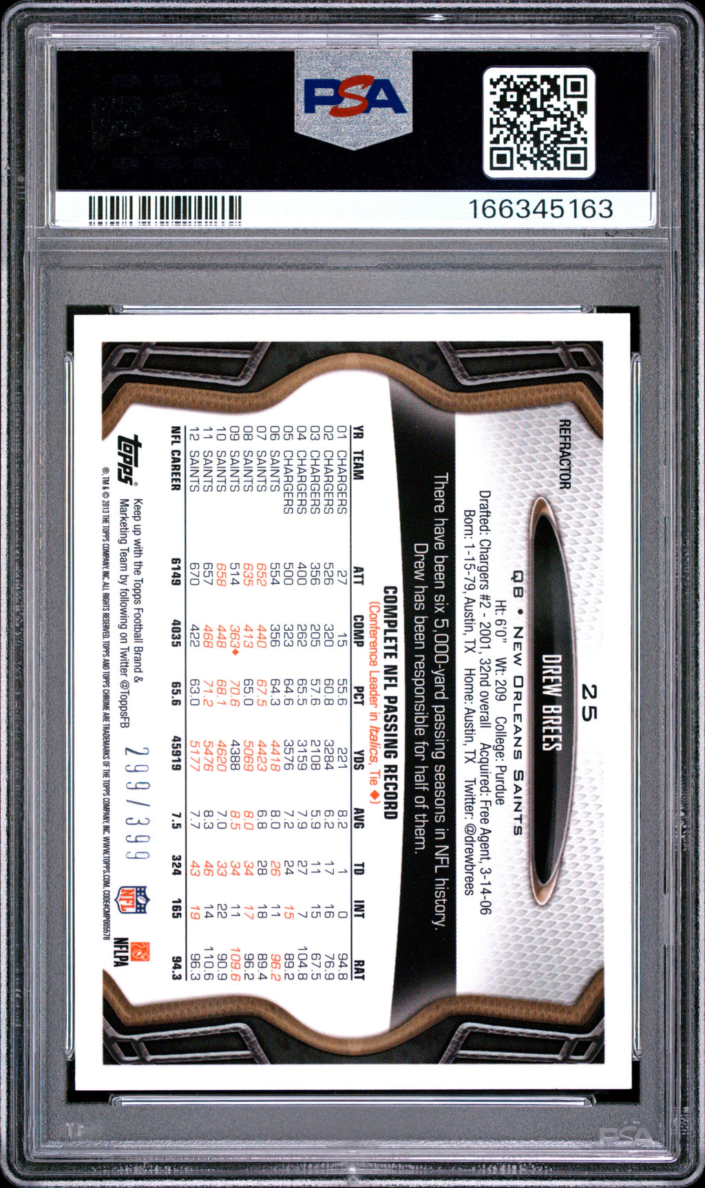 Drew Brees 2013 Topps Chrome Pink Refractor New Orleans Saints 299/399 PSA 10