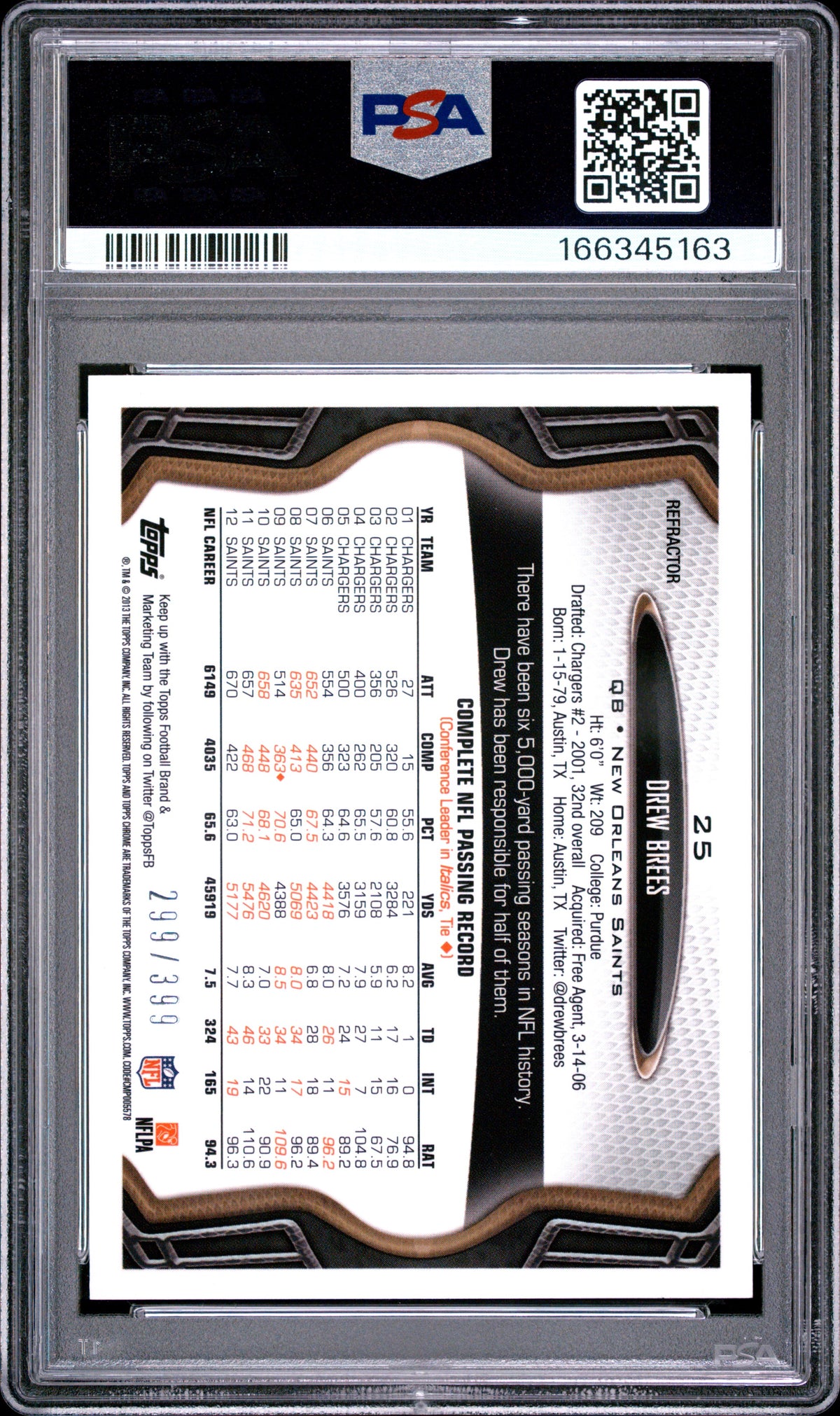 Drew Brees 2013 Topps Chrome Pink Refractor New Orleans Saints 299/399 PSA 10