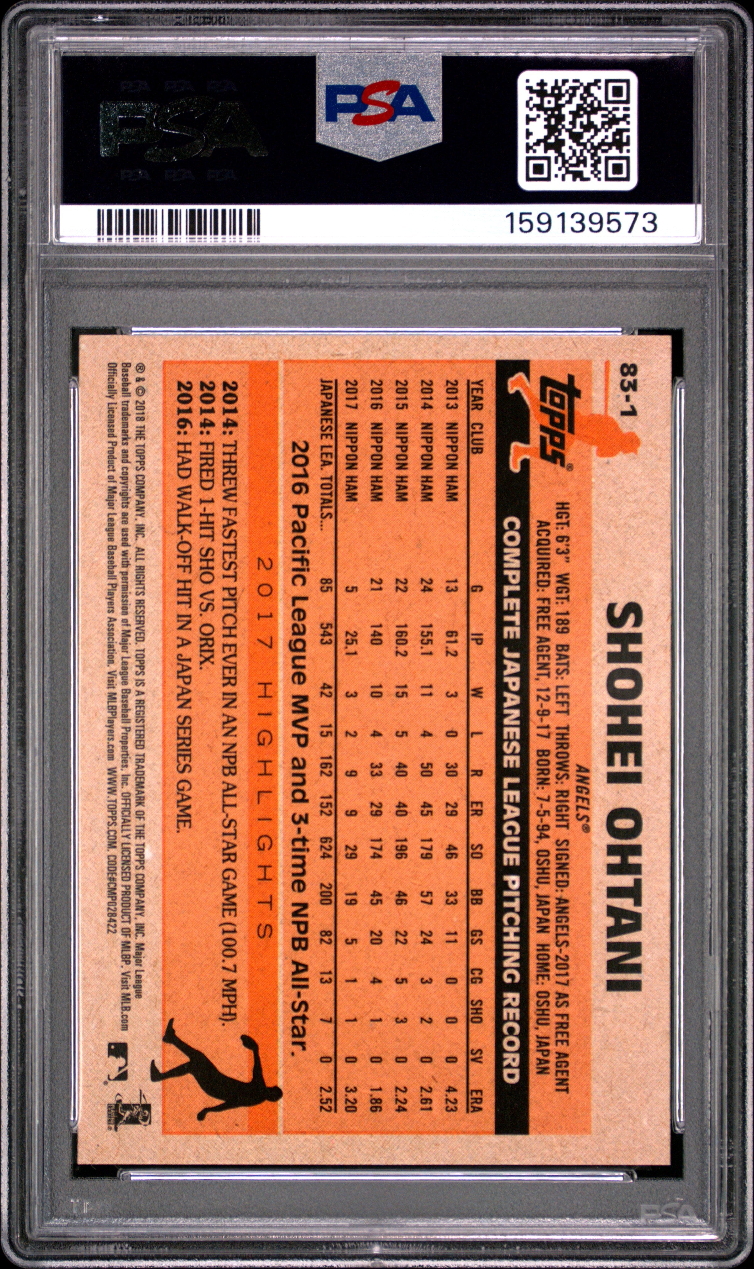 Shohei Ohtani 2018 Topps '83 Rookie RC Los Angeles Angels #831 PSA 10