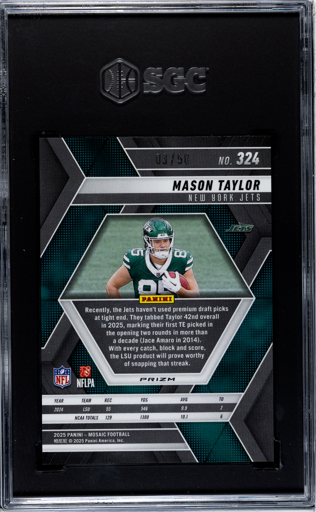 Mason Taylor 2025 Mosaic Purple No Huddle Rookie RC New York Jets 3/50 SGC 10