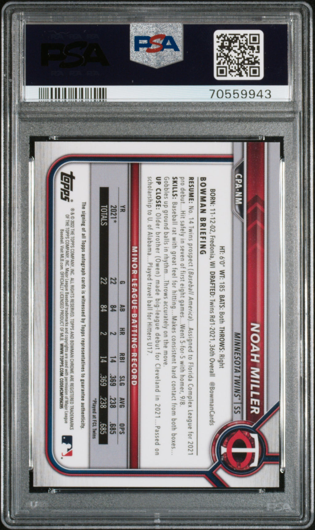 Noah Miller 2022 Bowman Chrome Auto Autograph Yellow RC Twins 33/75 PSA 9