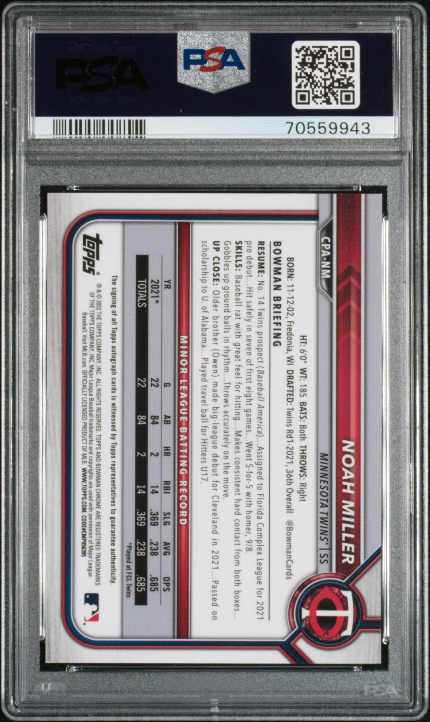 Noah Miller 2022 Bowman Chrome Auto Autograph Yellow RC Twins 33/75 PSA 9