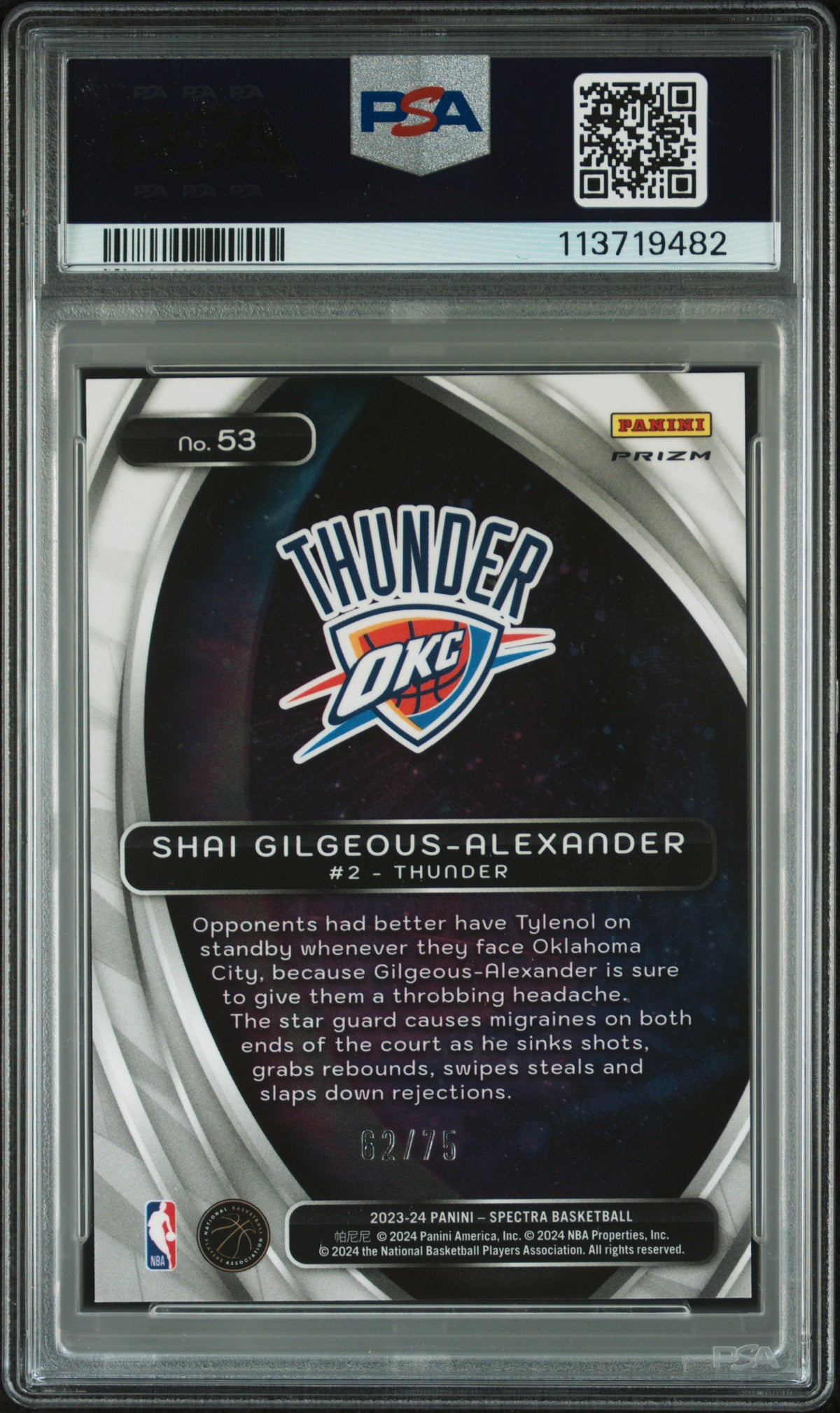 Shai Gilgeous-Alexander 2023 Spectra Titan Green 62/75 OKC Thunder PSA 10