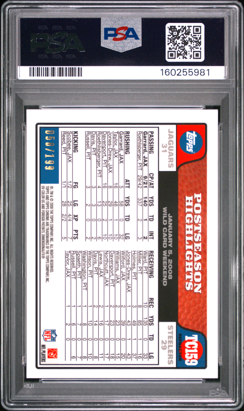 David Garrard 2008 Topps Chrome GOLD Refractor 58/199 Jaguars PSA 8