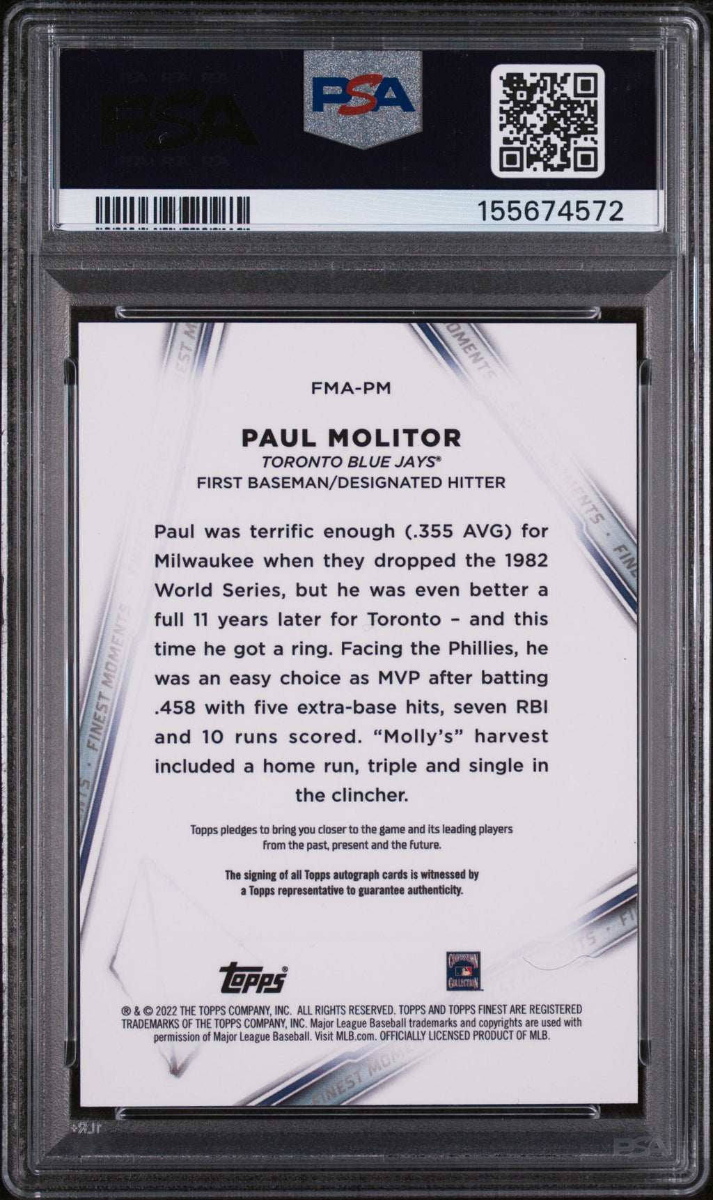 Paul Molitor 2022 Topps Finest Moments Auto Autograph Orange Jays 1/25 PSA 10