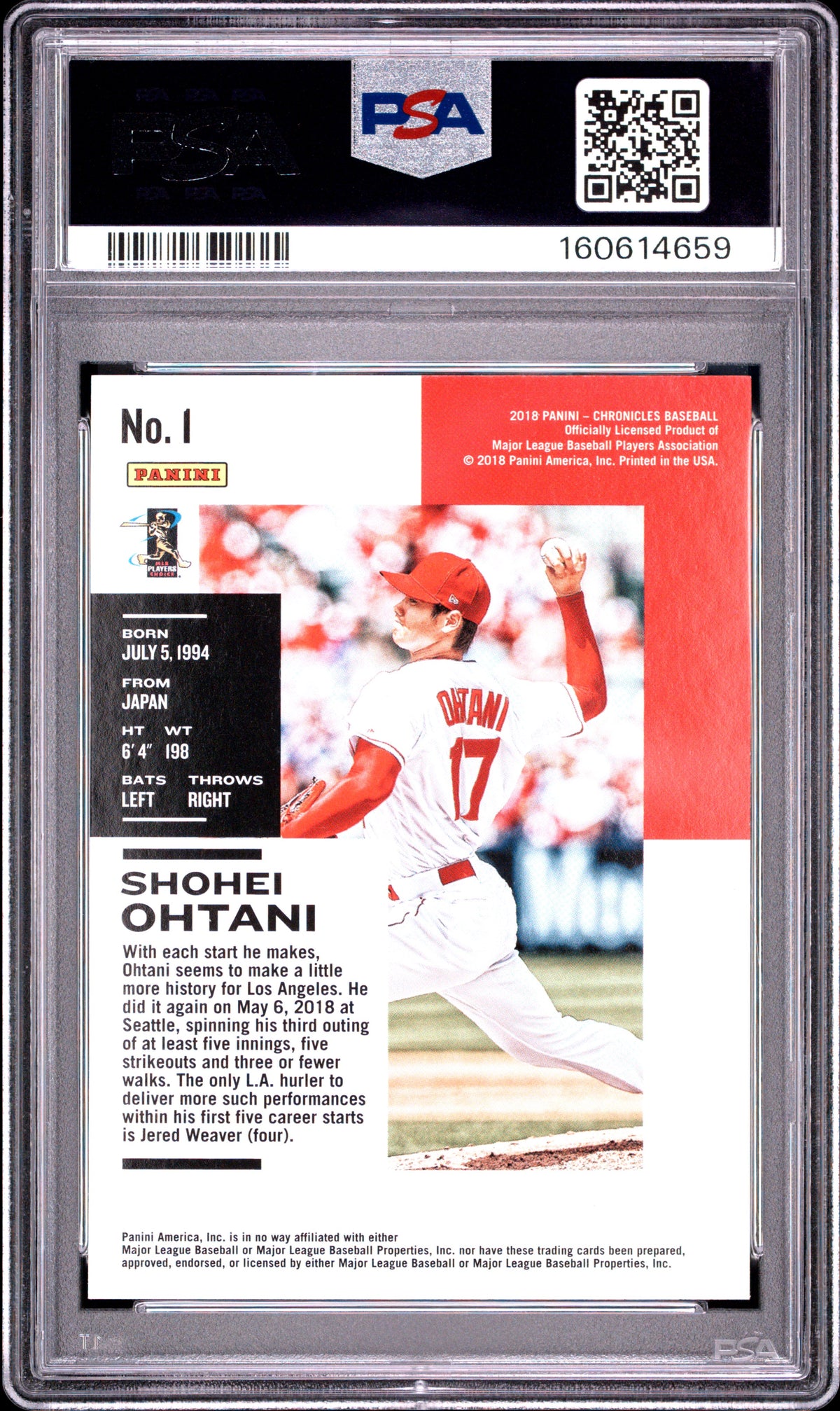 Shohei Ohtani 2018 Chronicles Rookie RC Los Angeles Angels #1 PSA 10