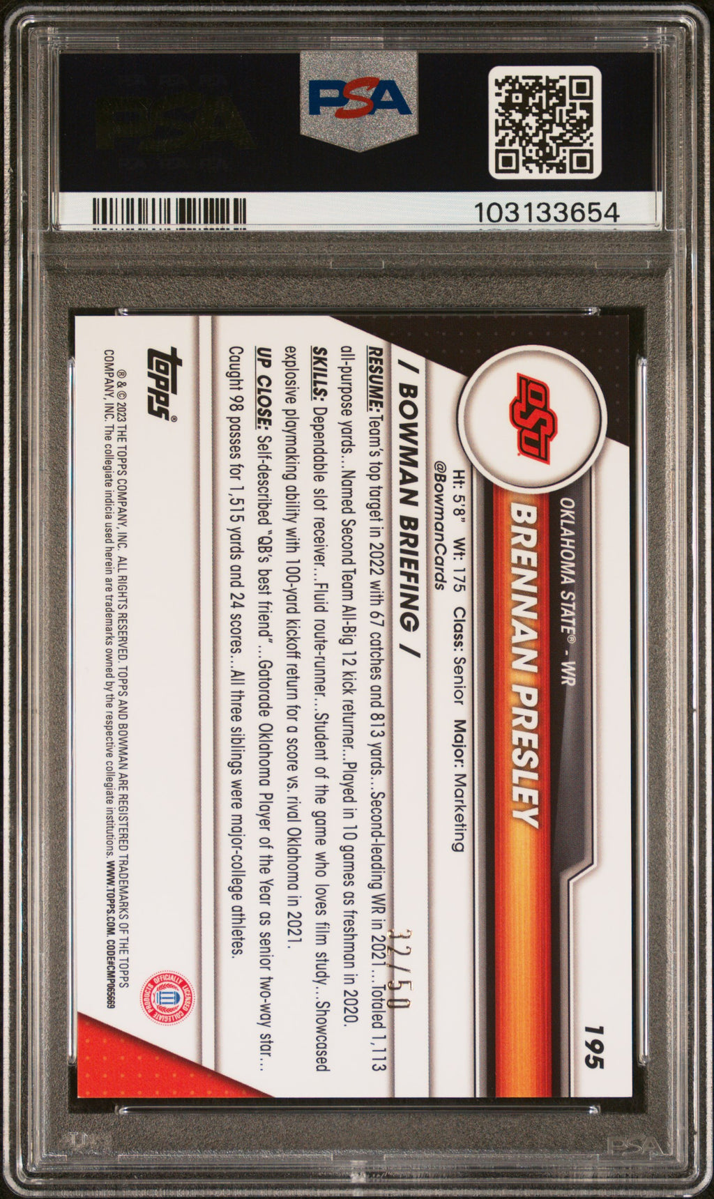 Brennan Presley 2023 Bowman Chrome Gold Shimmer RC OSU 32/50 PSA 9
