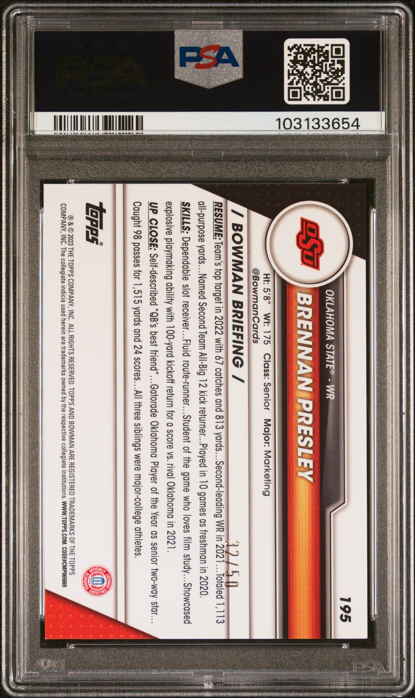 Brennan Presley 2023 Bowman Chrome Gold Shimmer RC OSU 32/50 PSA 9