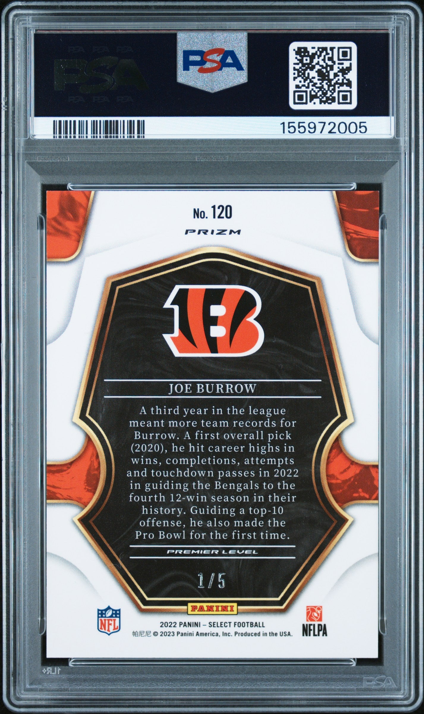 Joe Burrow 2022 Select Green Disco Emerald Prizm SSP Bengals 1/5 Prizm PSA 9