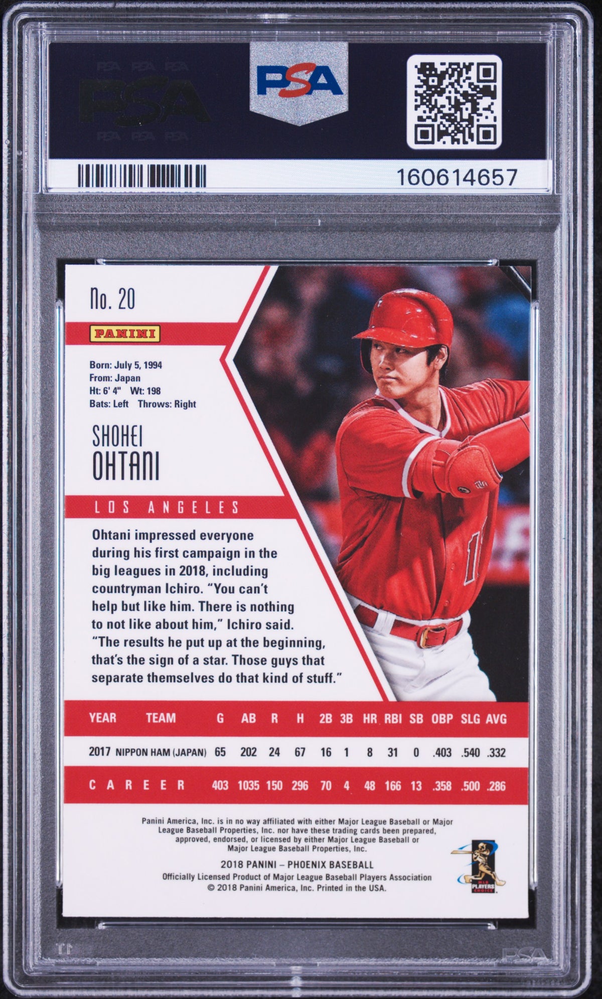 Shohei Ohtani 2018 Chronicles Phoenix Rookie RC Los Angeles Angels #20 PSA 10