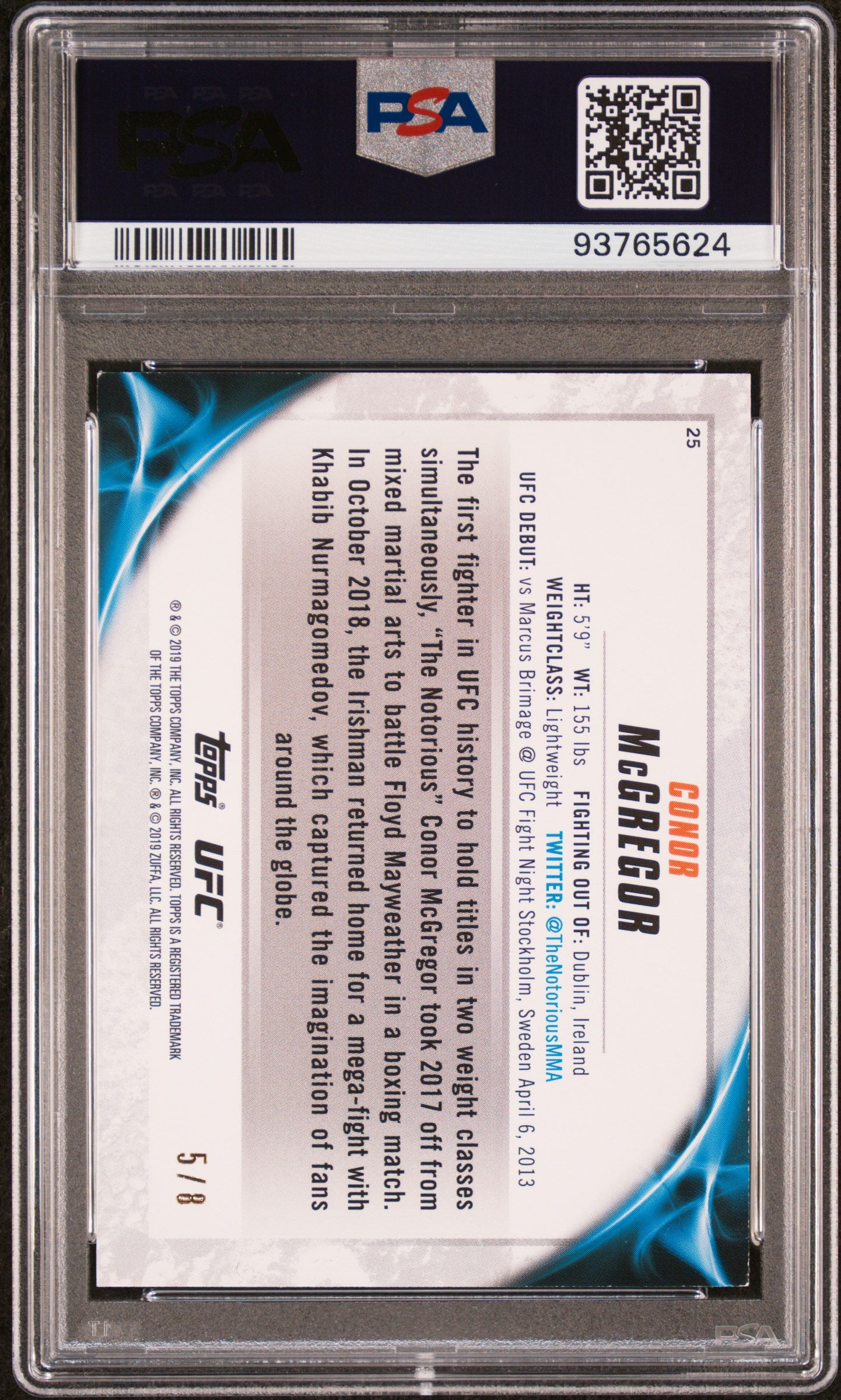 Conor McGregor 2019 Topps UFC Knockout Red Ruby SSP SHORTPRINT 5/8 PSA 8