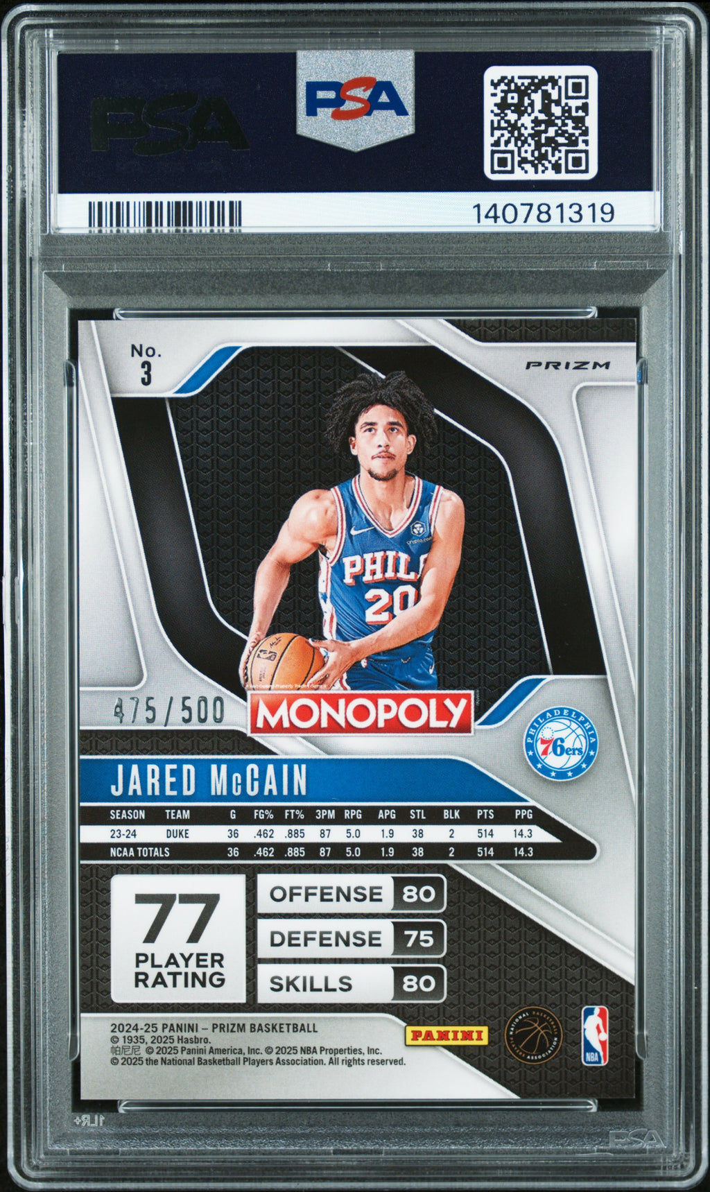 Jared Mccain 2024-25 Prizm Monopoly Gold Millionaire RC 76ers 475500 PSA 10