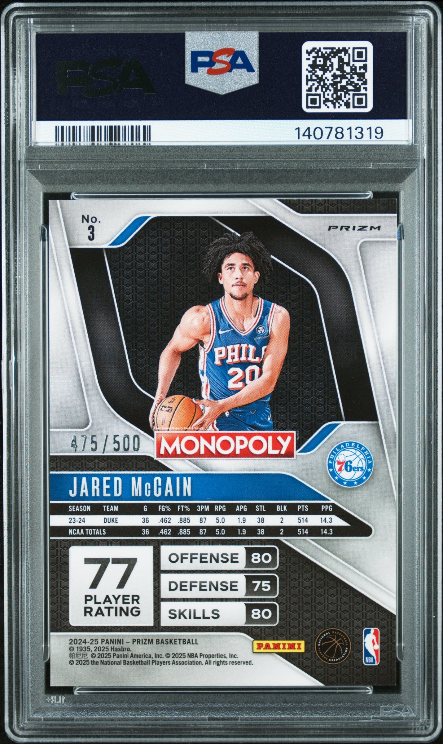 Jared Mccain 2024-25 Prizm Monopoly Gold Millionaire RC 76ers 475500 PSA 10