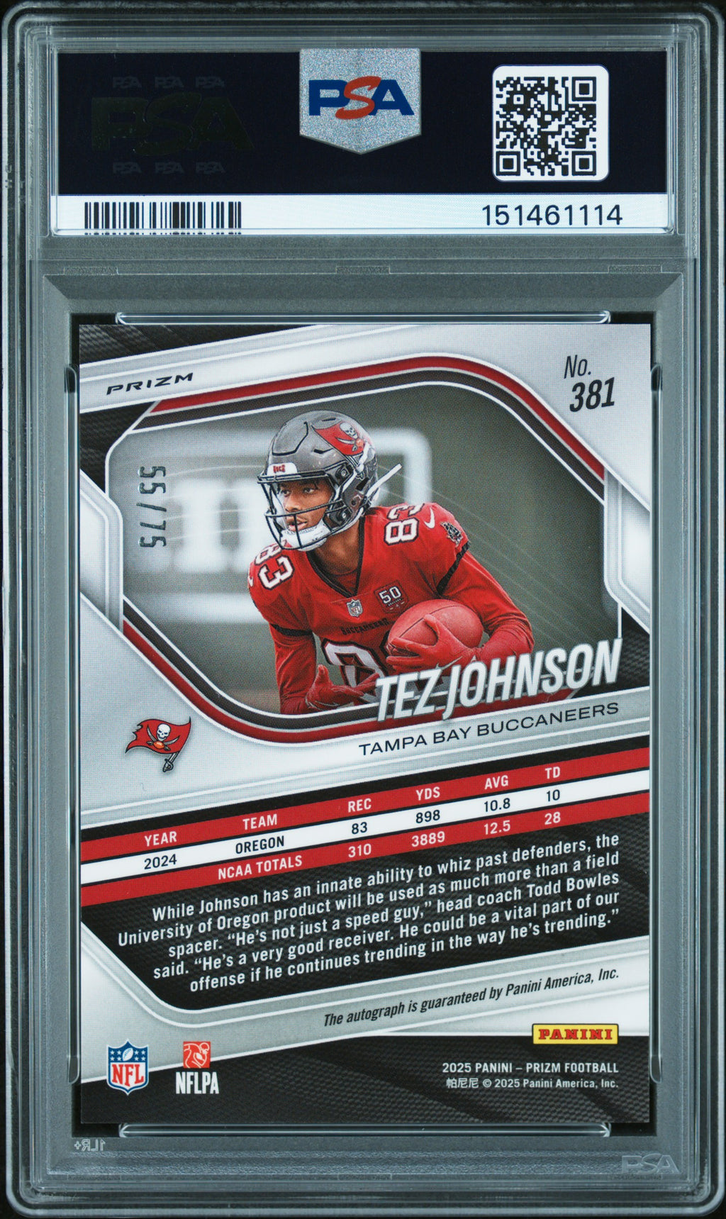 Tez Johnson 2025 Prizm Auto Autograph Green Scope RC Buccaneers 55/75 PSA 10