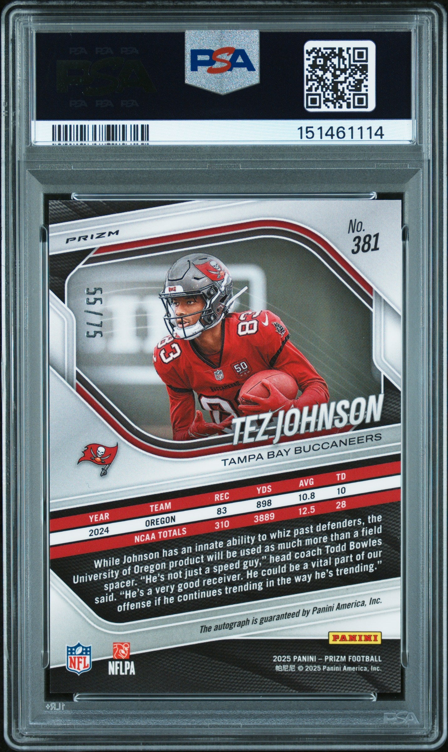 Tez Johnson 2025 Prizm Auto Autograph Green Scope RC Buccaneers 55/75 PSA 10