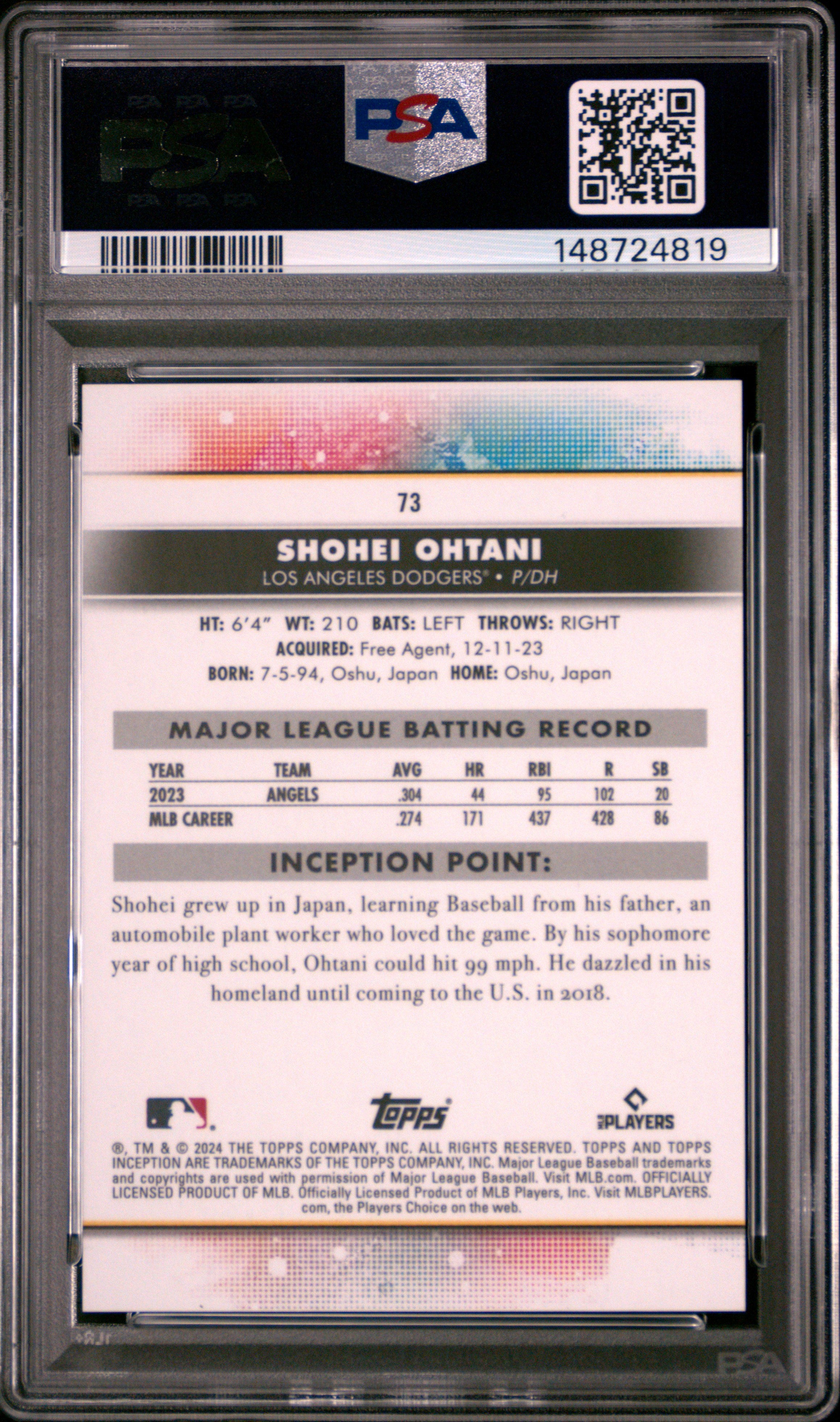 Shohei Ohtani 2024 Topps Inception Card Los Angeles Dodgers #73 PSA 10