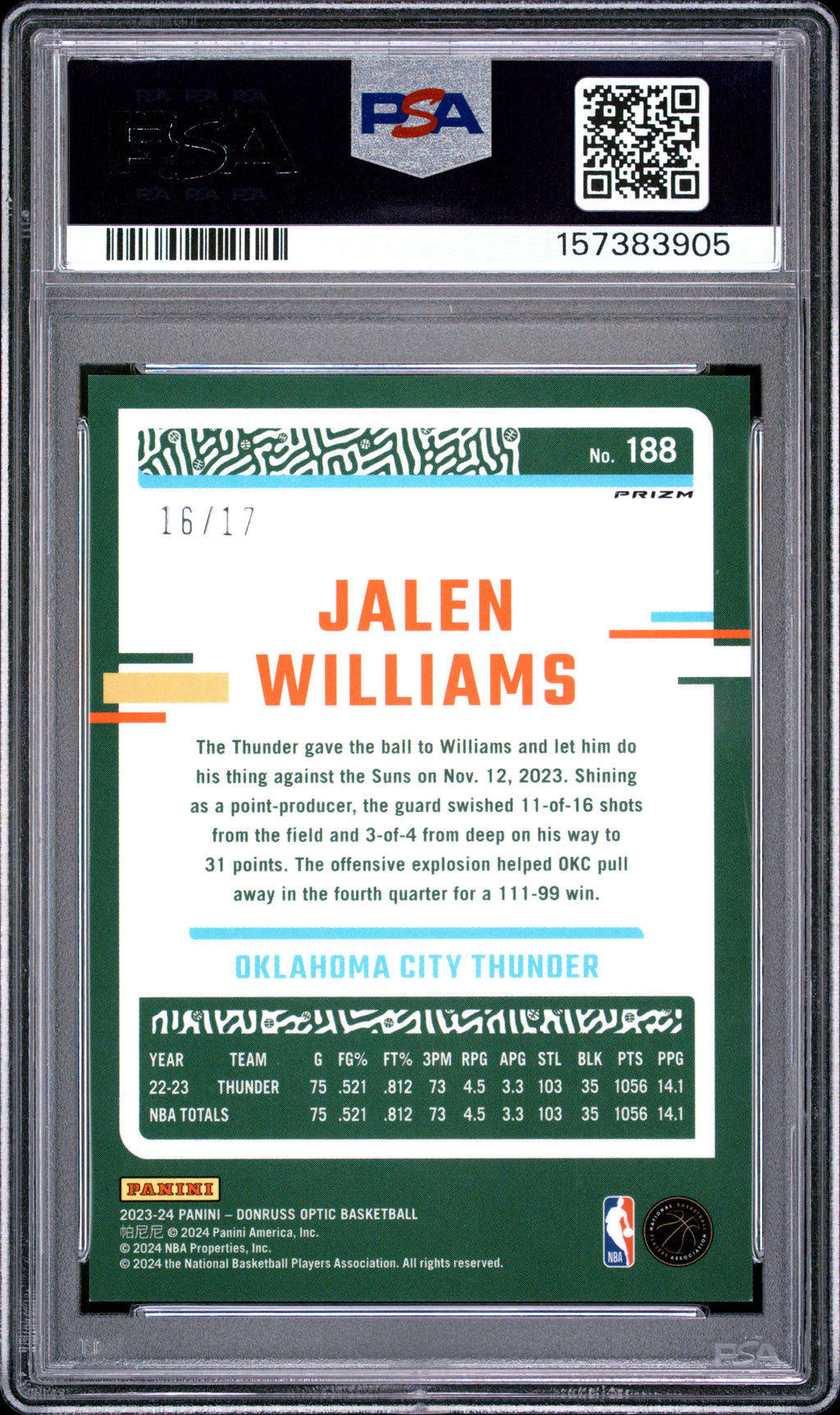 Jalen Williams 2023-24 Optic Purple Stars FOTL OKC Thunder 16/14 PSA 9