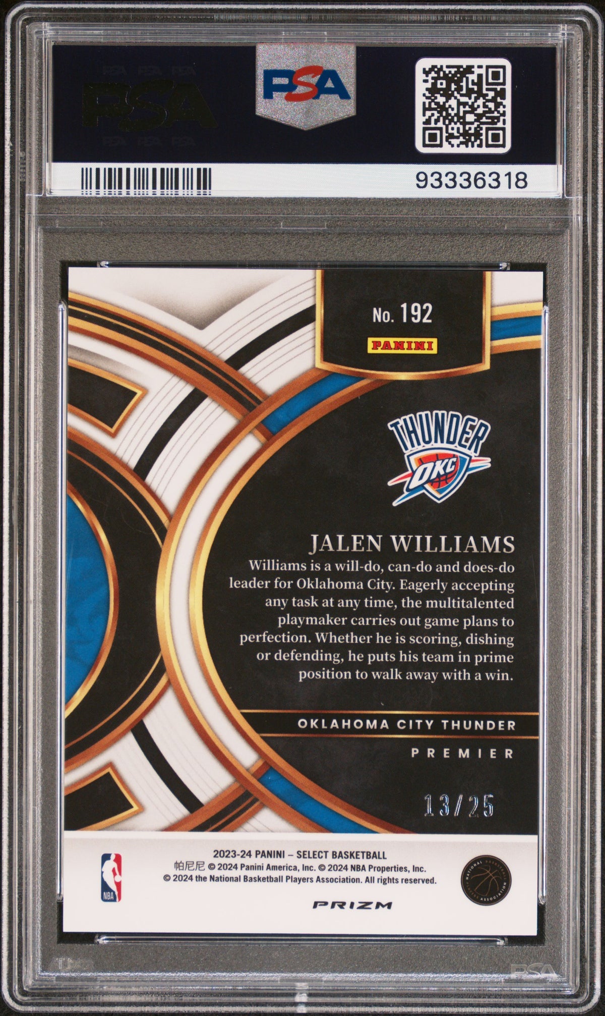 Jalen Williams 2023-24 Select Blue Disco 13/25 Oklahoma City Thunder PSA 9