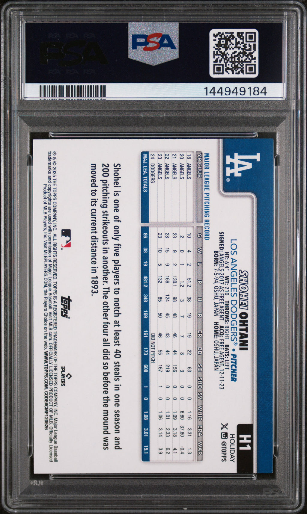 Shohei Ohtani 2025 Topps Holiday Blue Metallic Glitter LA Dodgers #H1 PSA 10