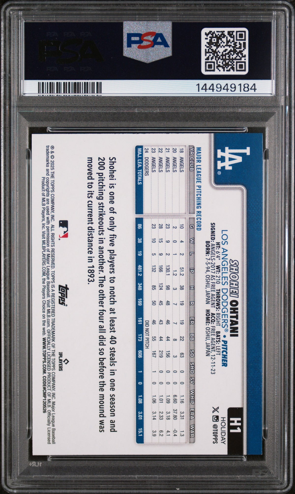 Shohei Ohtani 2025 Topps Holiday Blue Metallic Glitter LA Dodgers #H1 PSA 10