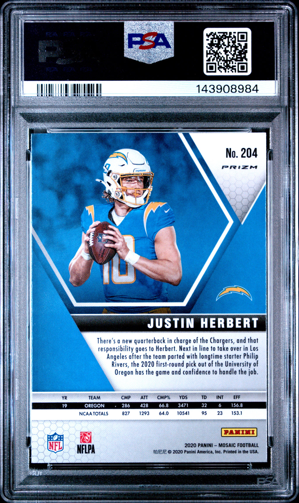 Justin Herbert 2020 Mosaic Camo Pink Prizm Rookie RC LA Chargers #204 PSA 10